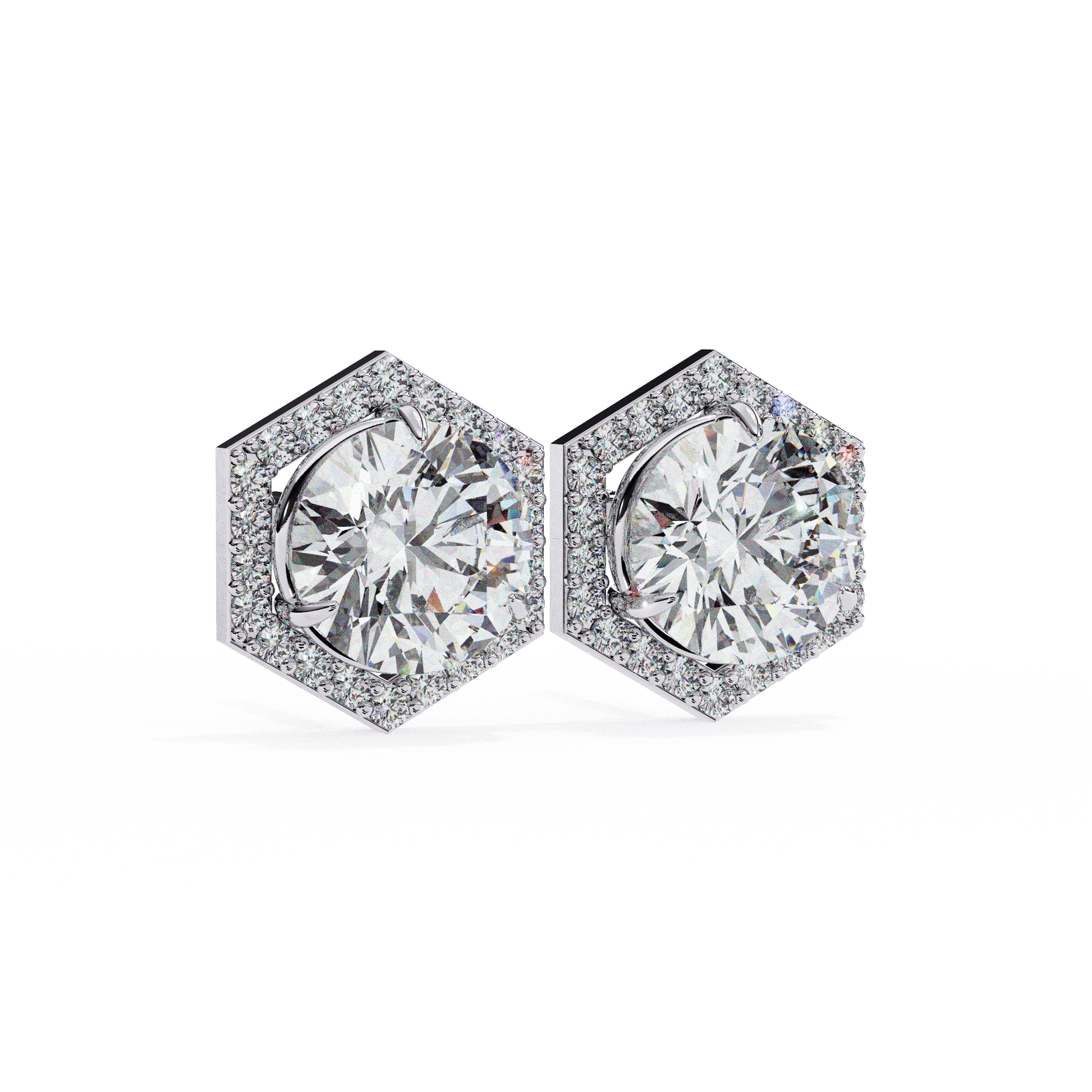 Carat House Dubai Zoe hexagonal halo diamond stud earrings featuring sparkling diamonds and a sleek gold setting.