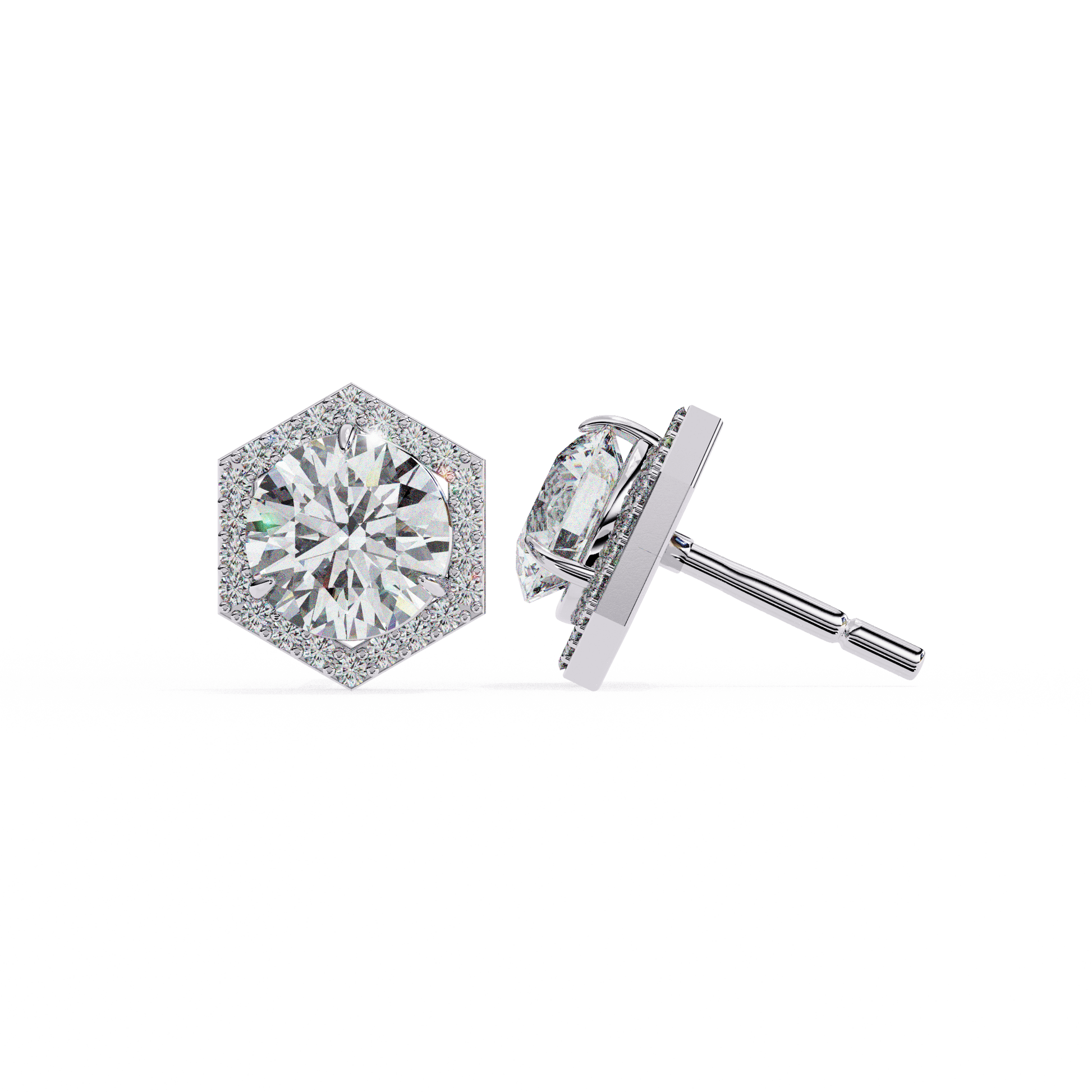 Carat House Dubai Zoe hexagonal halo diamond stud earrings featuring sparkling diamond accents and a sleek modern design.