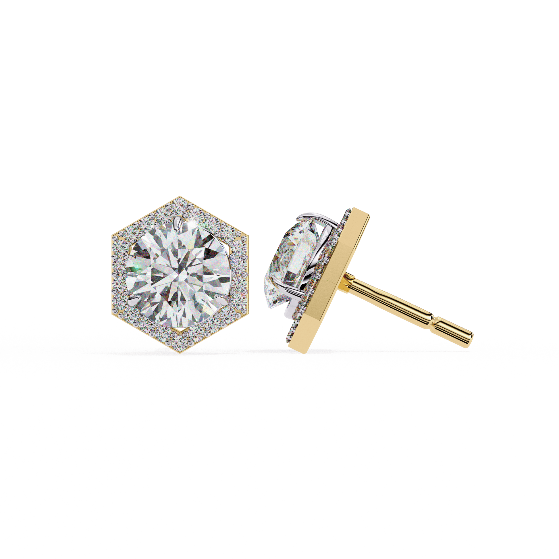 Carat House Dubai Zoe hexagonal halo diamond stud earrings featuring sparkling diamonds and a sleek gold setting.