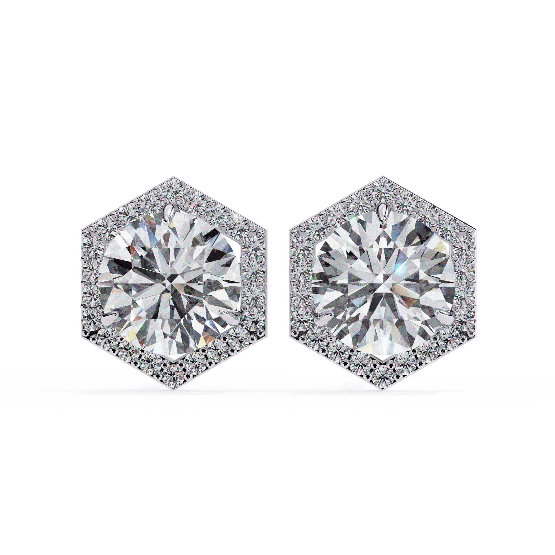 Zoe- Hexagonal Halo Diamond Stud Earrings — diamond stud earrings — lab grown diamond and natural diamond — 18k white gold and platinum — Carat House