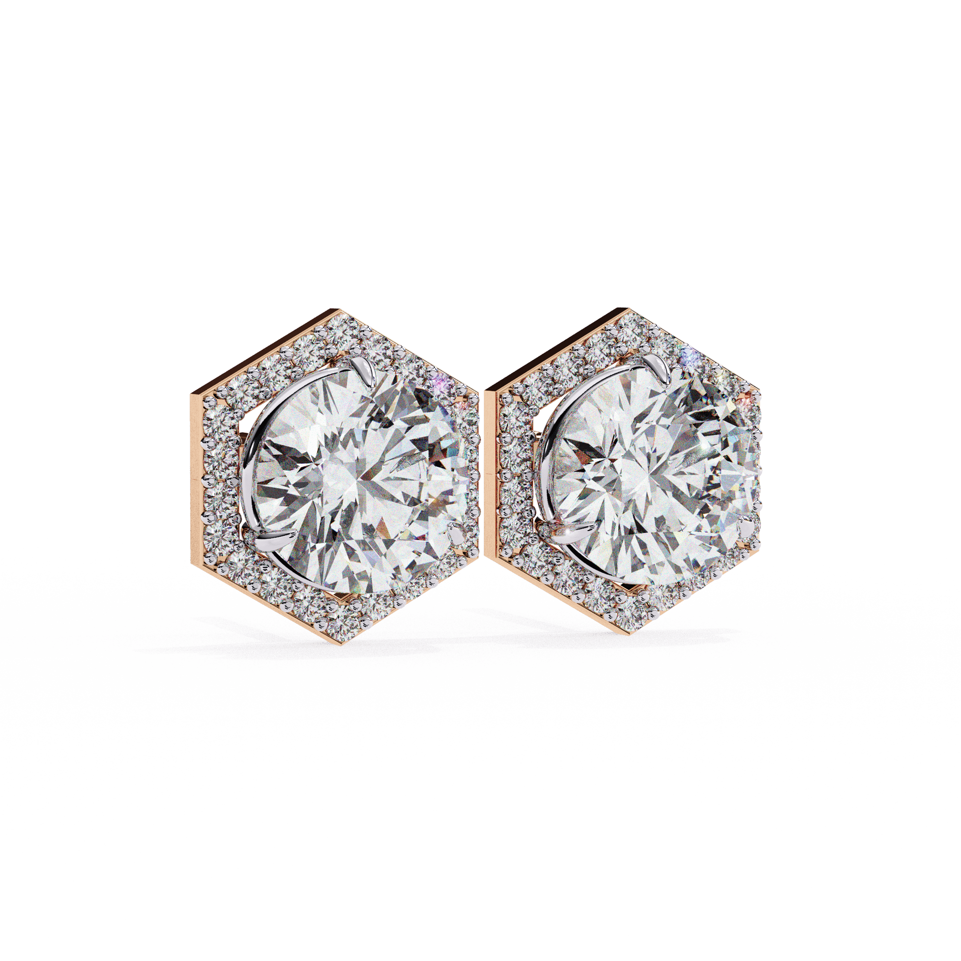 Carat House Dubai Zoe hexagonal halo diamond stud earrings with sparkling diamonds and gold settings.
