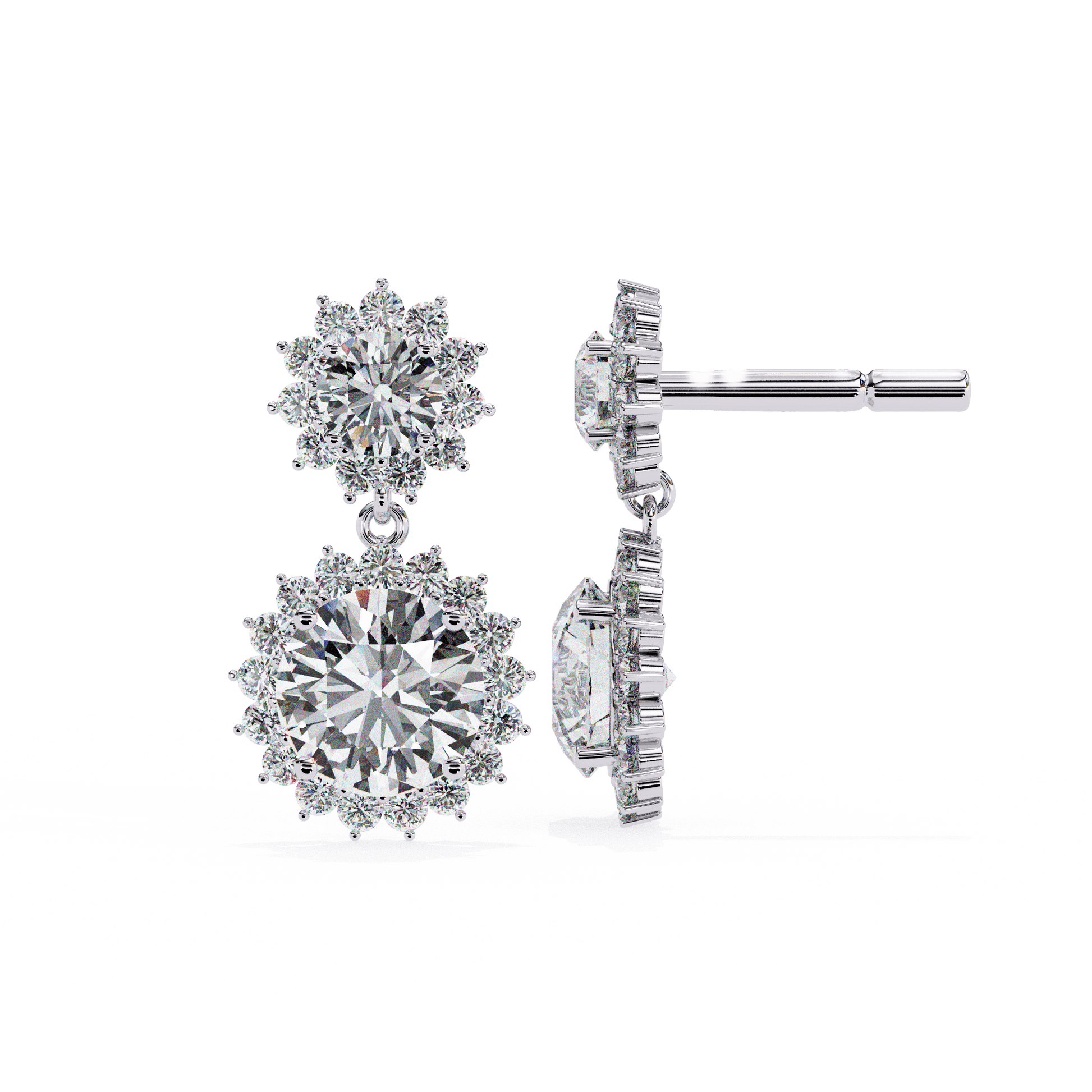 Sanna - Double Halo Round Diamond Drop Earrings — diamond drop earrings — lab grown diamond and natural diamond — 18k white gold and platinum — Carat House