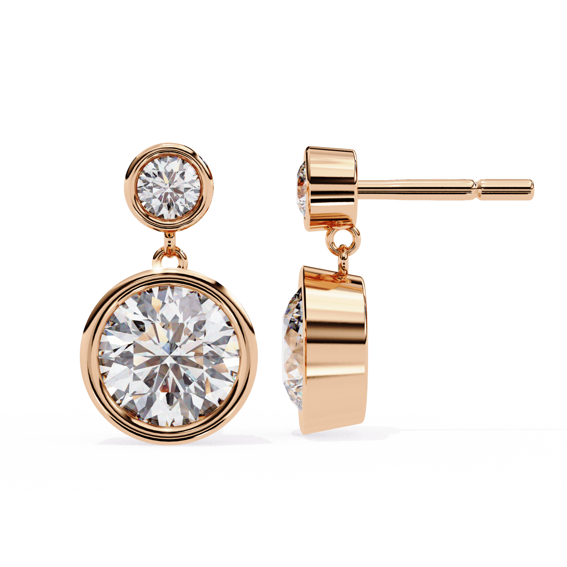 Rei Carat House Dubai round diamond drop stud earrings with bezel setting, showcasing elegant sparkling jewelry.