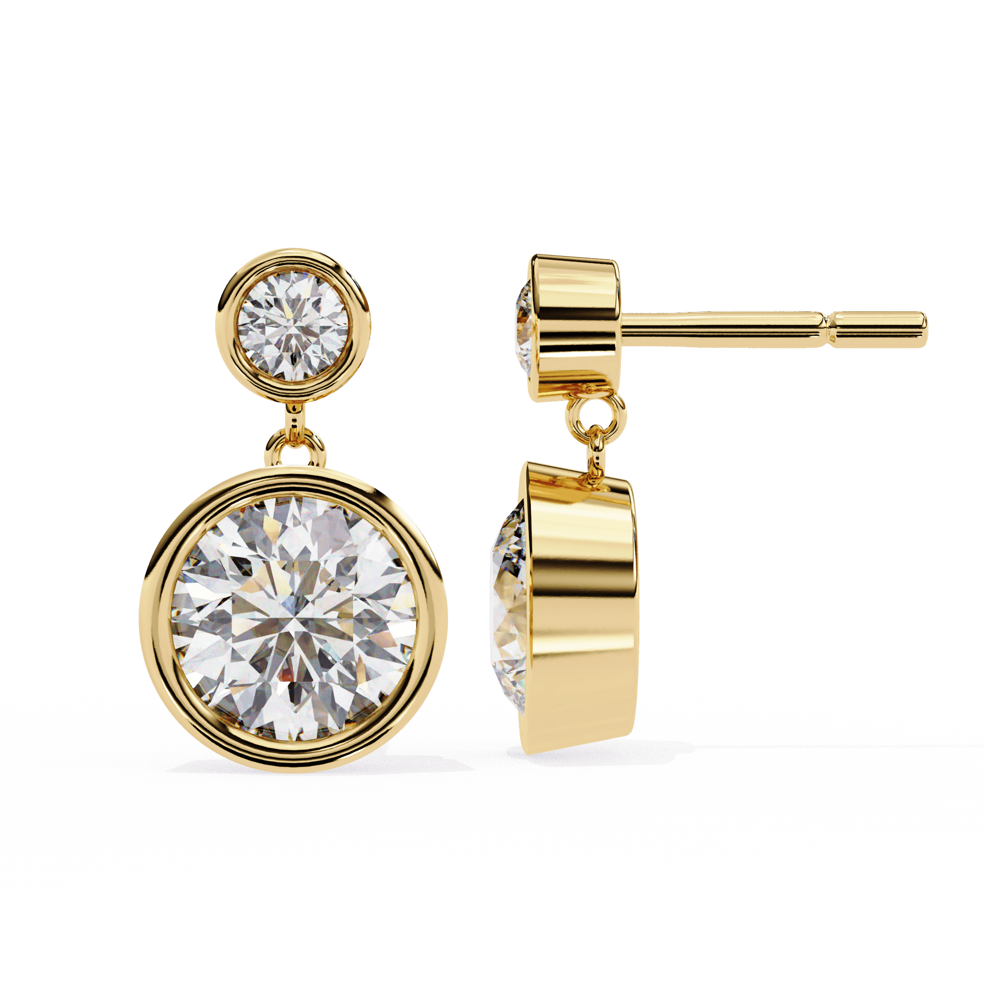 Rei Carat House Dubai bezel-set round diamond drop stud earrings with sparkling diamonds on a white background.