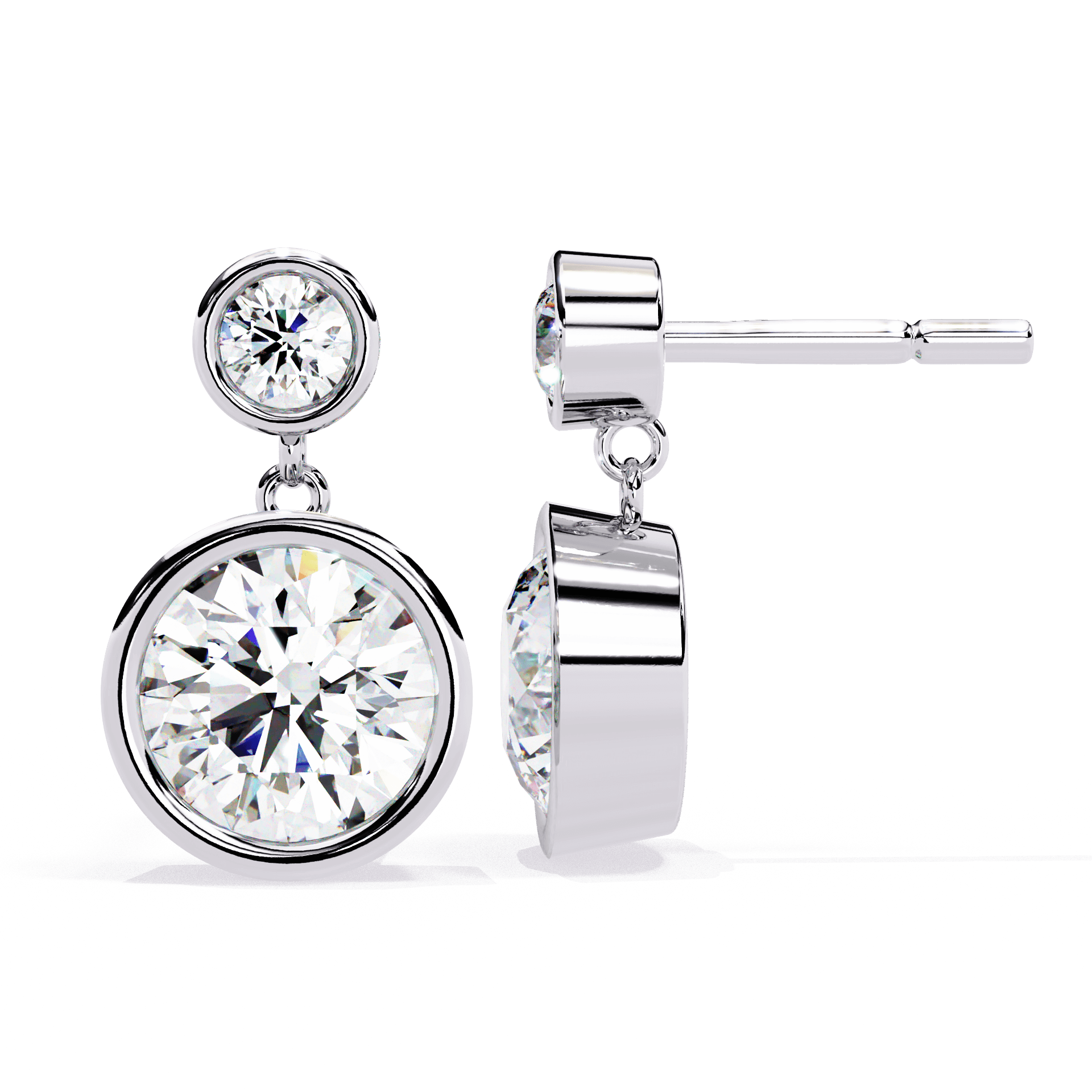 Rei Carat House Dubai bezel-set round diamond drop stud earrings with elegant design and sparkling diamonds.