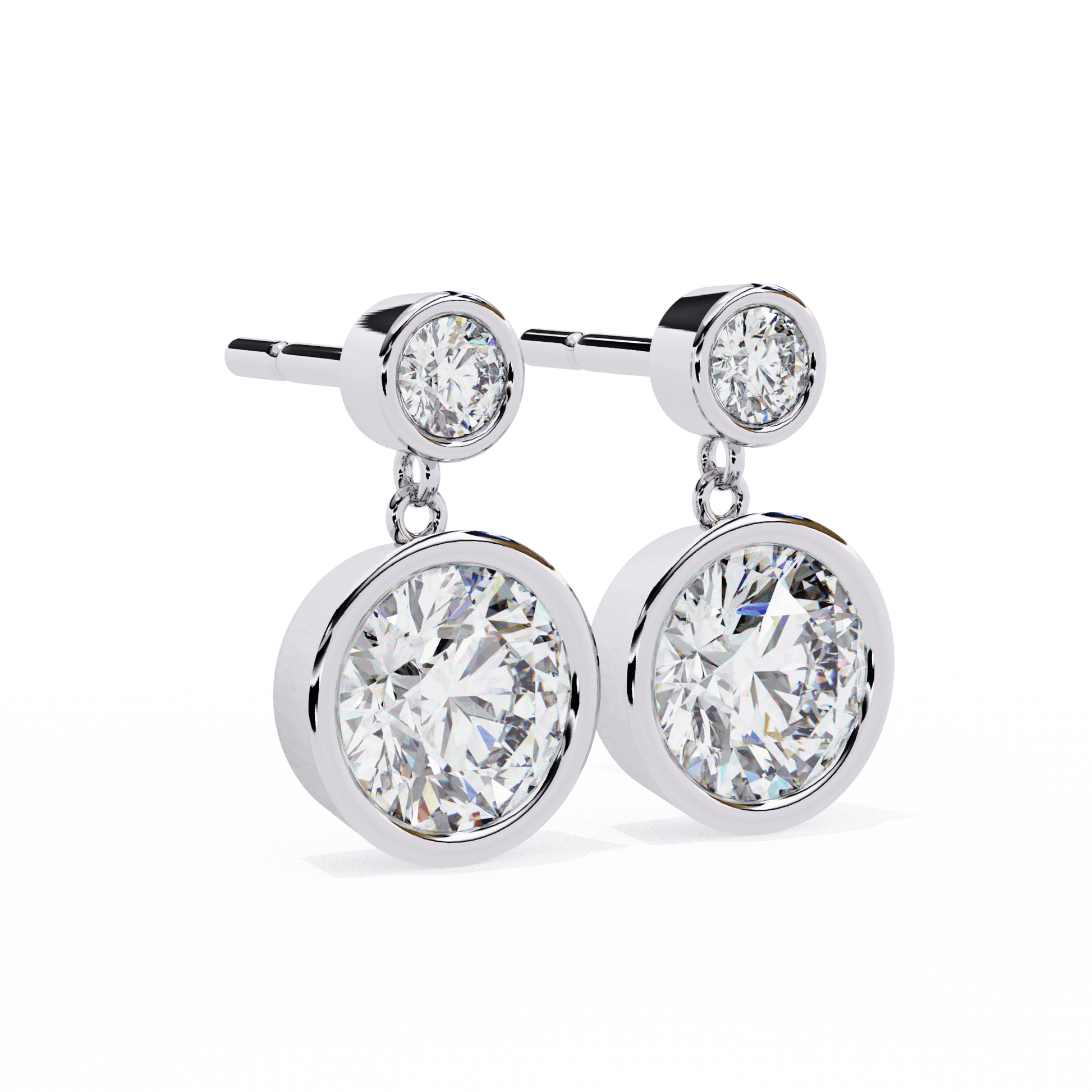 Rei – Bezel-Set Round Diamond Drop Studs — diamond drop earrings — bezel set — lab grown diamond and natural diamond — 18k white gold and platinum — Carat House