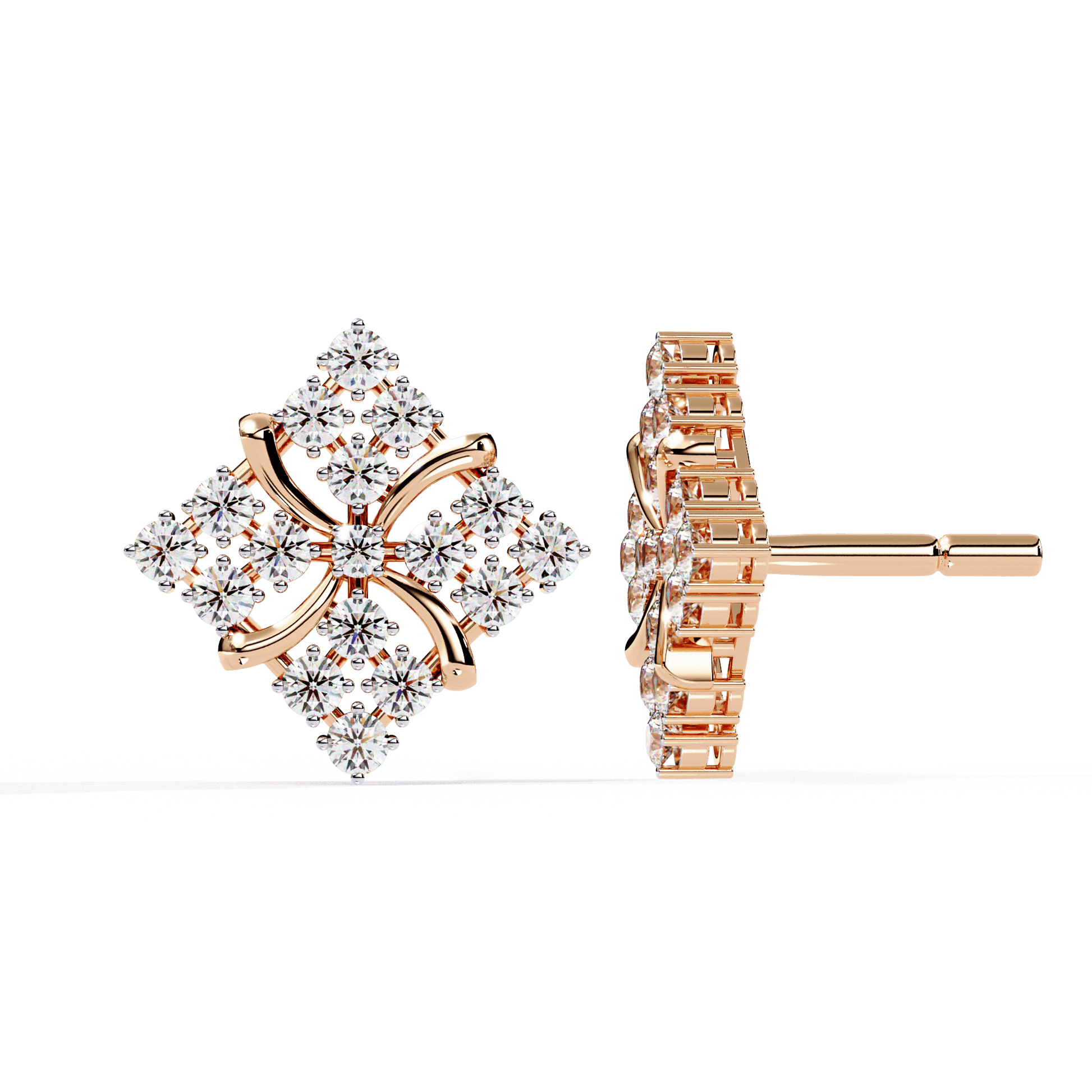 Diamond pavé pinwheel stud earrings in rose gold, featuring sparkling diamonds and a modern geometric design.