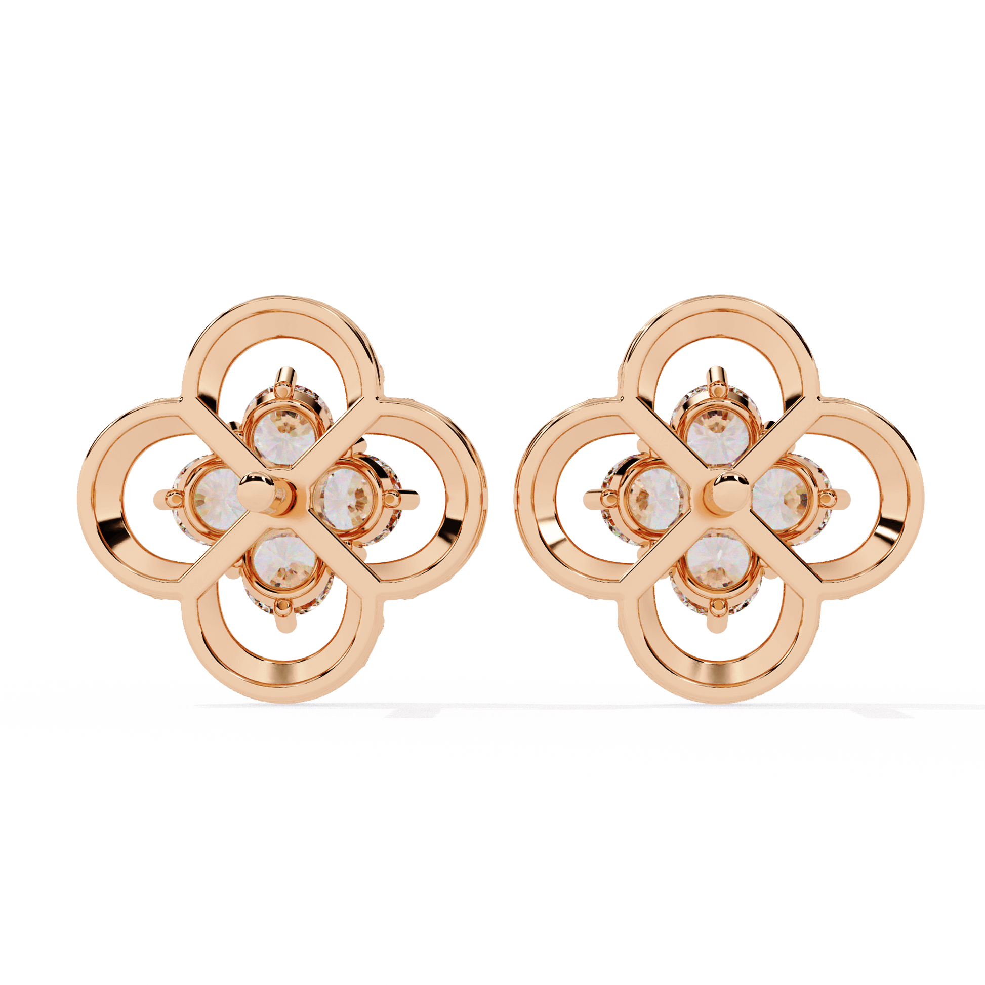 Leah diamond clover stud earrings by Carat House Dubai with milgrain detailing, featuring sparkling diamonds and intricate metalwork.