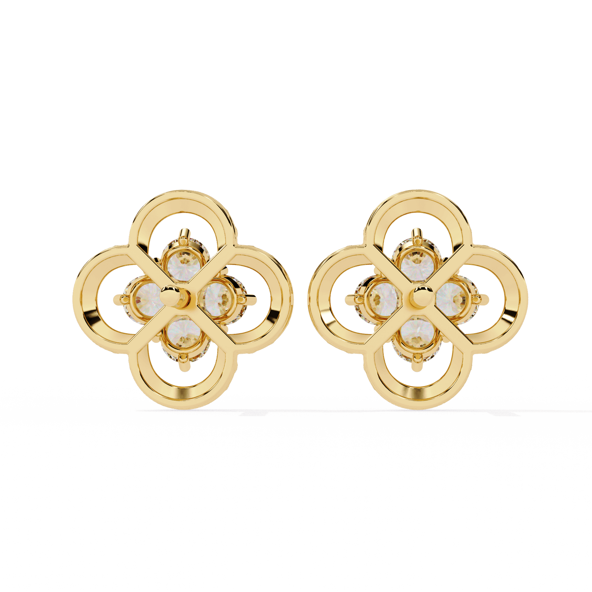Carat House Dubai Leah diamond clover stud earrings with milgrain detailing, showcasing elegant sparkle and intricate craftsmanship.