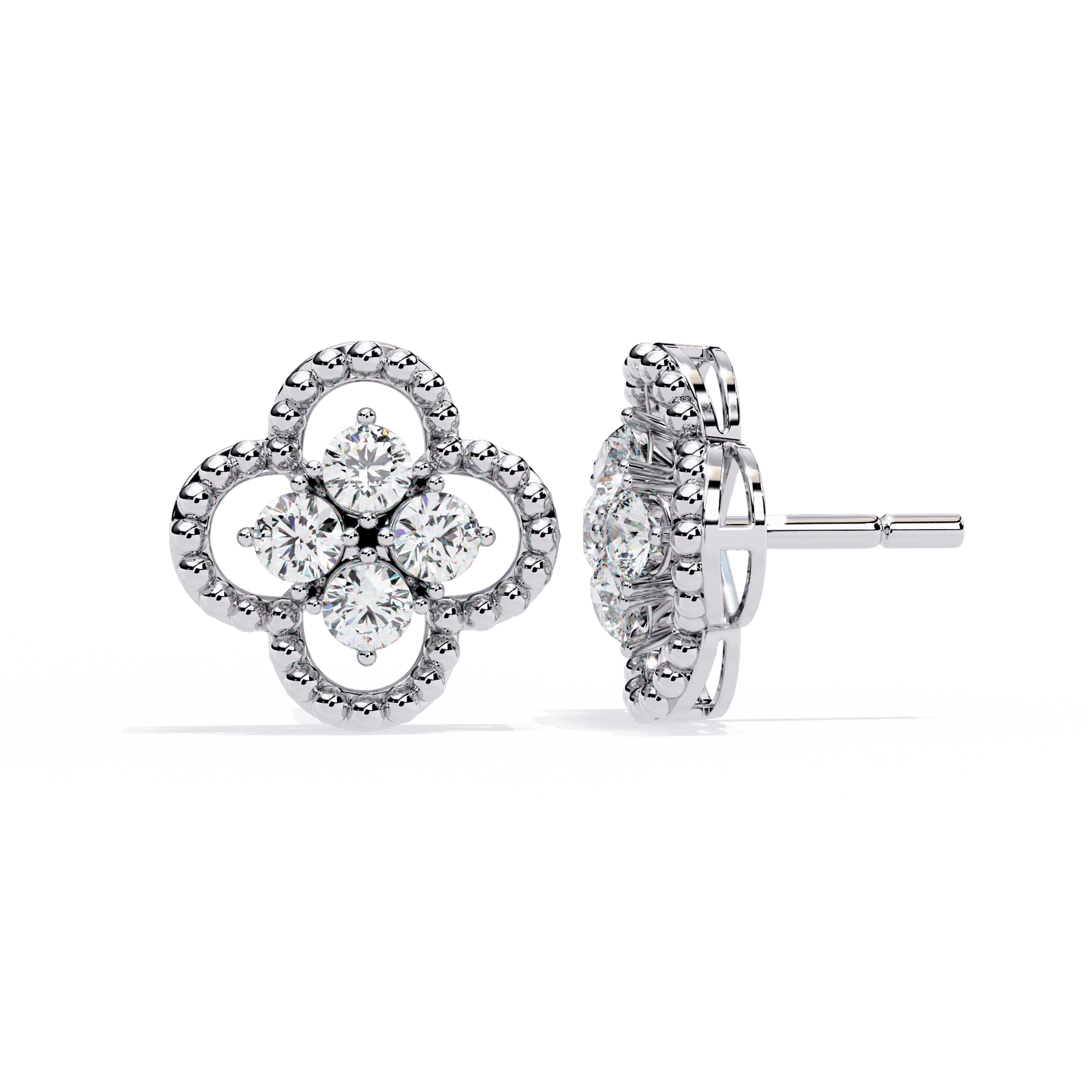 Leah – Diamond Clover Stud Earrings with Milgrain Detailing — diamond stud earrings — milgrain — lab grown diamond and natural diamond — 18k white gold and platinum — Carat House