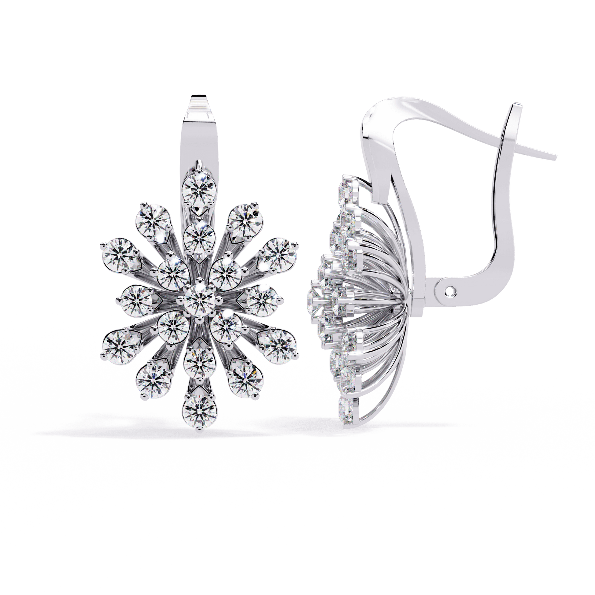 Joanna – Diamond Cluster Floral Drop Earrings — diamond hoop earrings — cluster — lab grown diamond and natural diamond — 18k white gold and platinum — Carat House