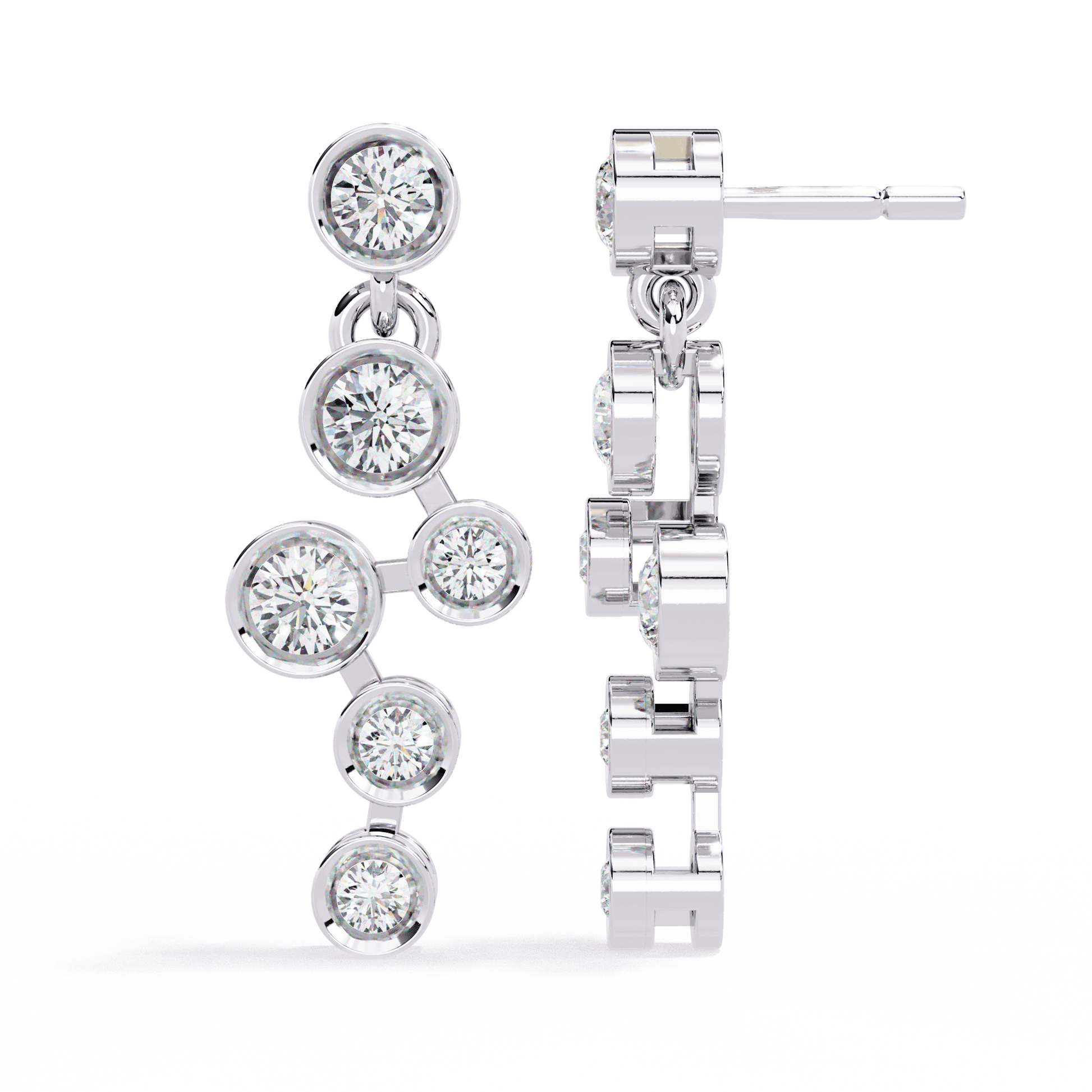 Lola- Modern Geometry in Motion — diamond drop earrings — bezel set — lab grown diamond and natural diamond — 18k white gold and platinum — Carat House
