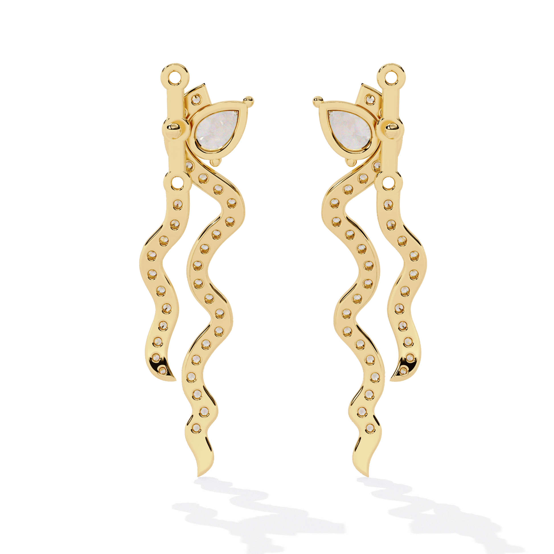 Pear-cut diamond studs with a wave-shaped adjustable jacket, crafted by Carat House Dubai.