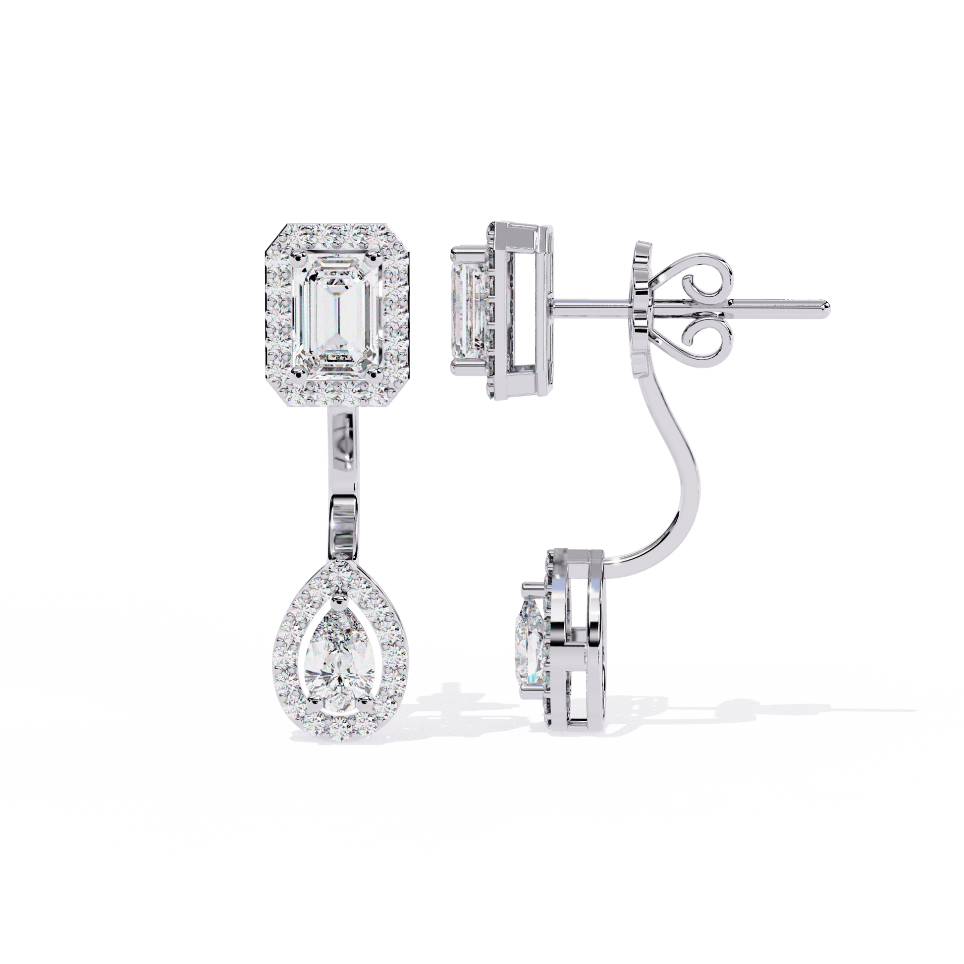 Elin- Emerald and Pear Halo Drop Earrings — diamond drop earrings — pave — lab grown diamond — 18k white gold and platinum — Carat House