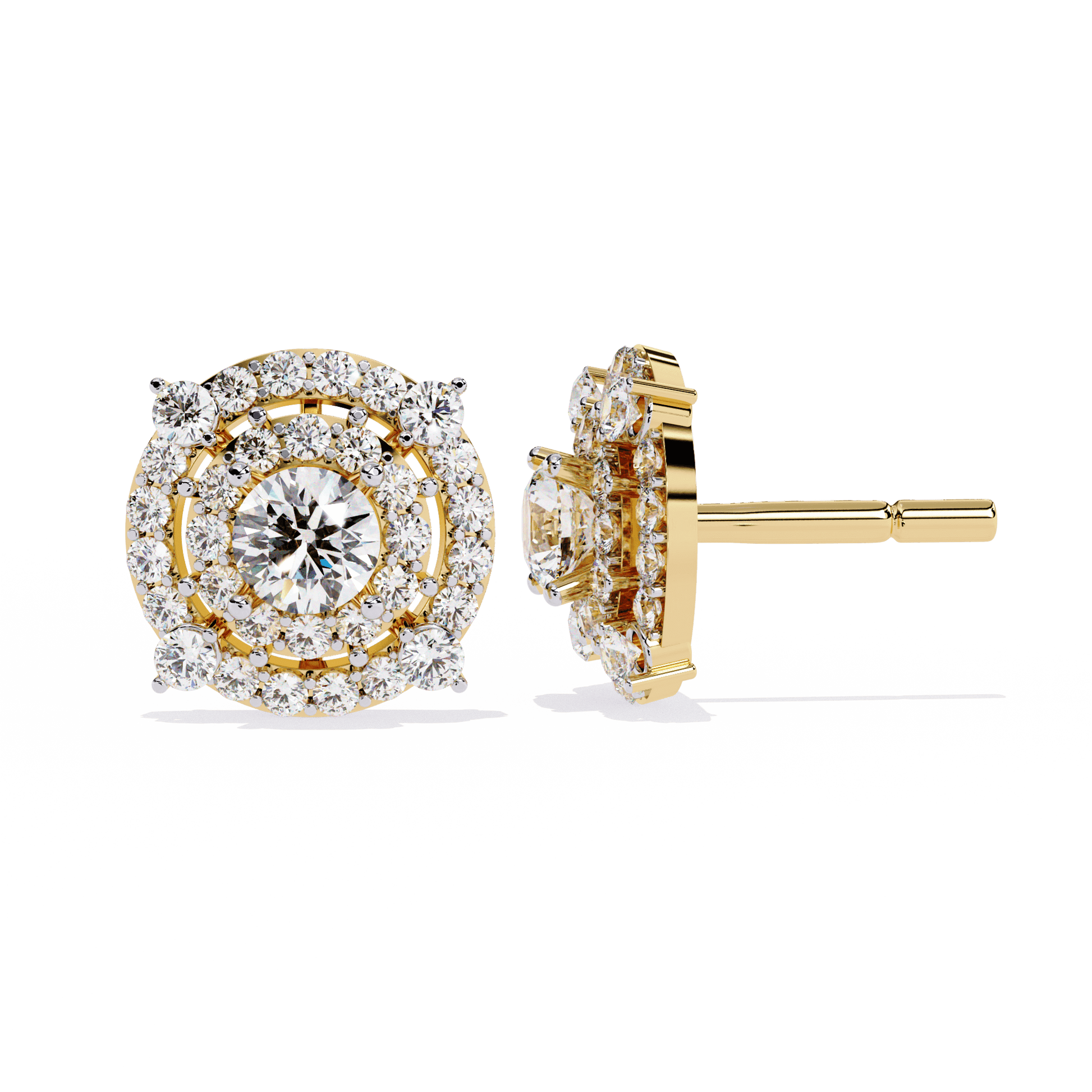 Double halo round-cut diamond studs by Zoya featuring sparkling gemstones set in a classic design.