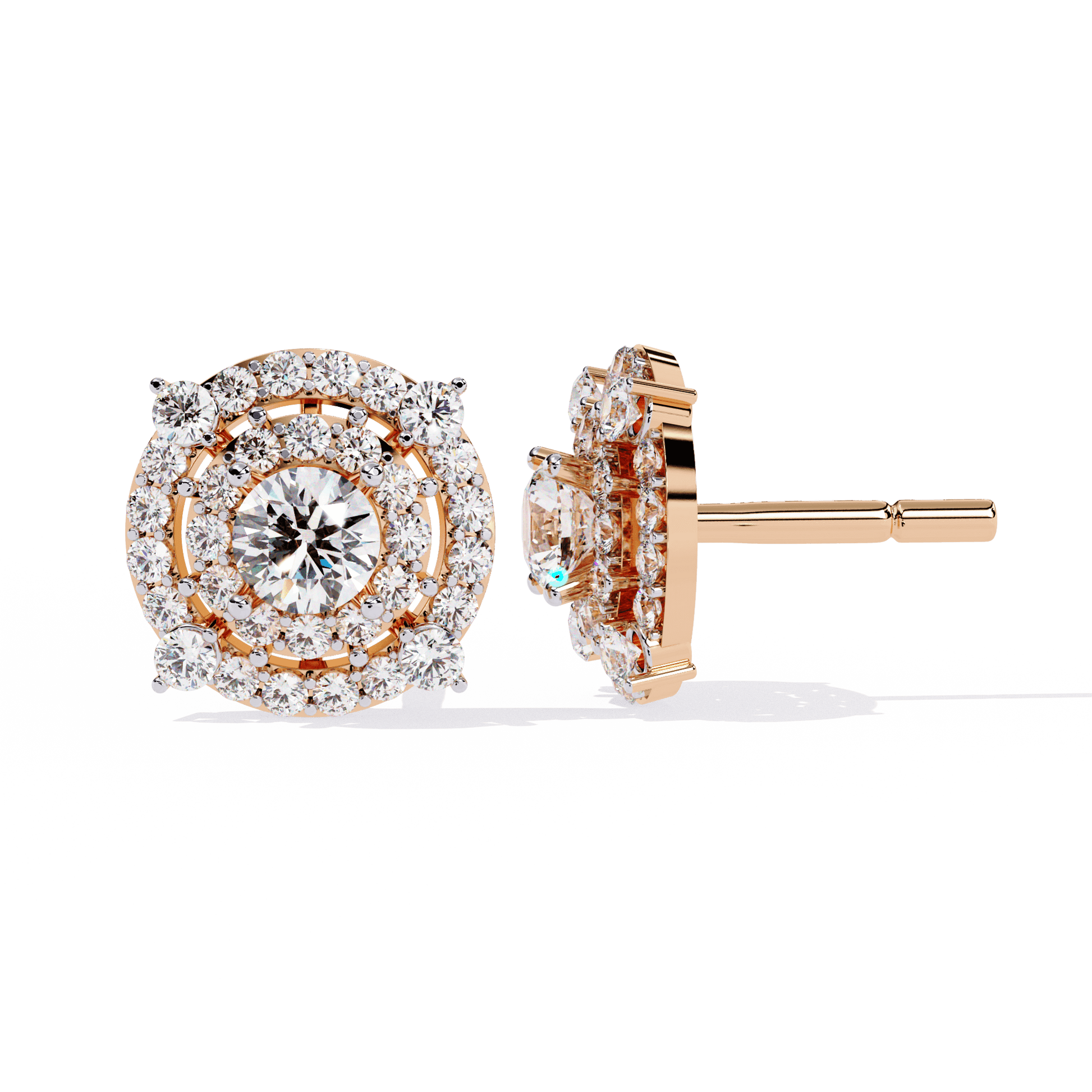 Carat House Dubai Zoya double halo round-cut diamond stud earrings with sparkling diamonds and sleek silver setting.