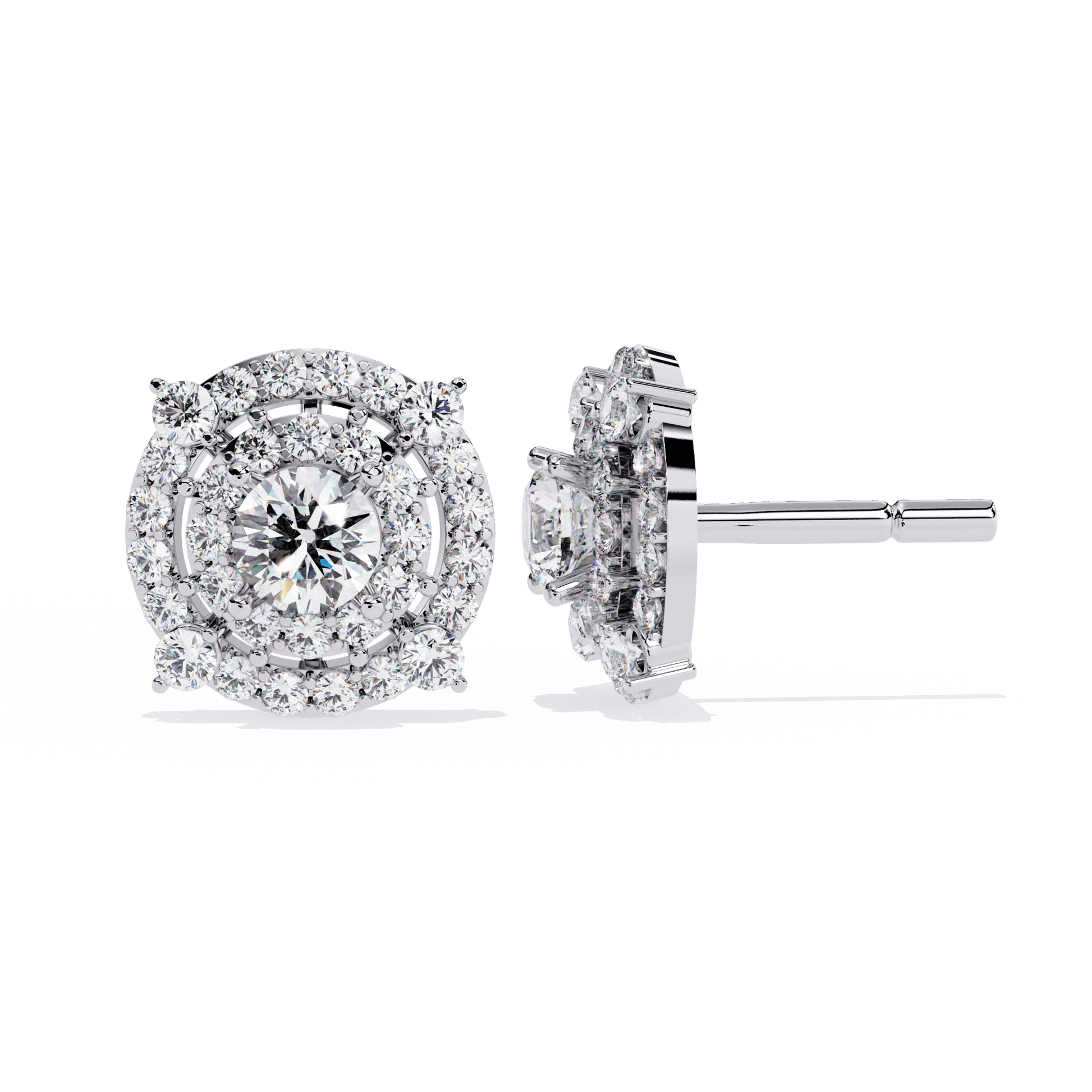 Carat House Dubai Zoya double halo round-cut diamond stud earrings showcasing sparkling diamonds and elegant design.