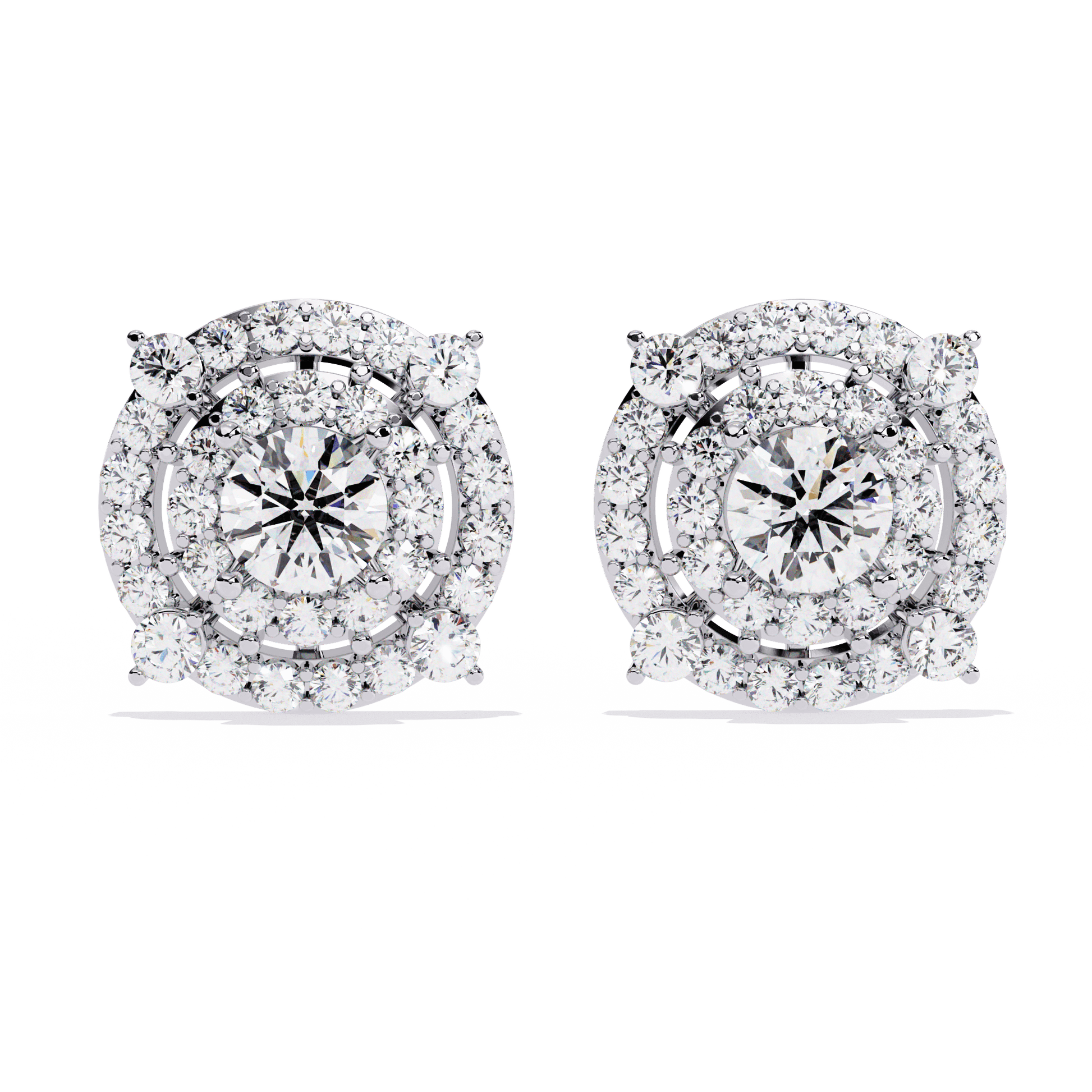 Zoya – Double Halo Round-Cut Diamond Studs — diamond stud earrings — lab grown diamond and natural diamond — 18k white gold and platinum — Carat House