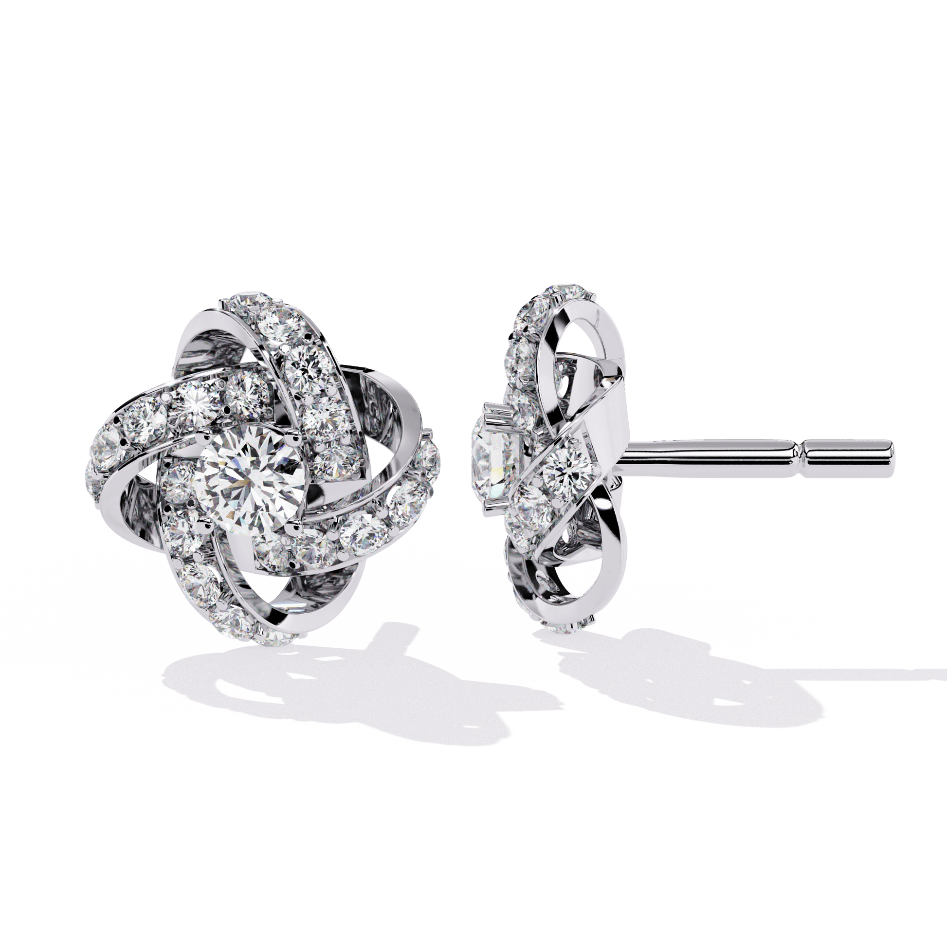 Interwoven Pavé Diamond Stud Earrings by Carat House Dubai featuring sparkling diamonds and intricate metalwork design.