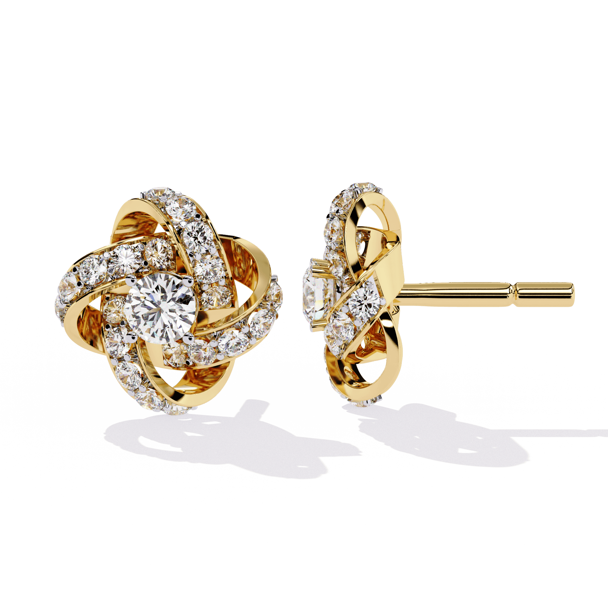Interwoven pavé diamond studs by Carat House Dubai featuring intricate design and sparkling diamonds on a polished metal setting.