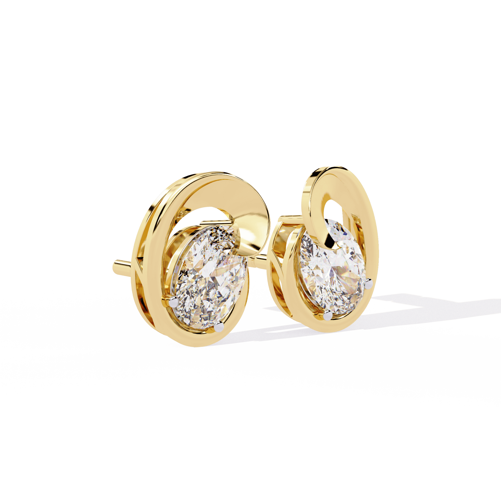Sculpted oval solitaire diamond stud earrings by Carat House Dubai featuring polished metal setting and sparkling diamonds.