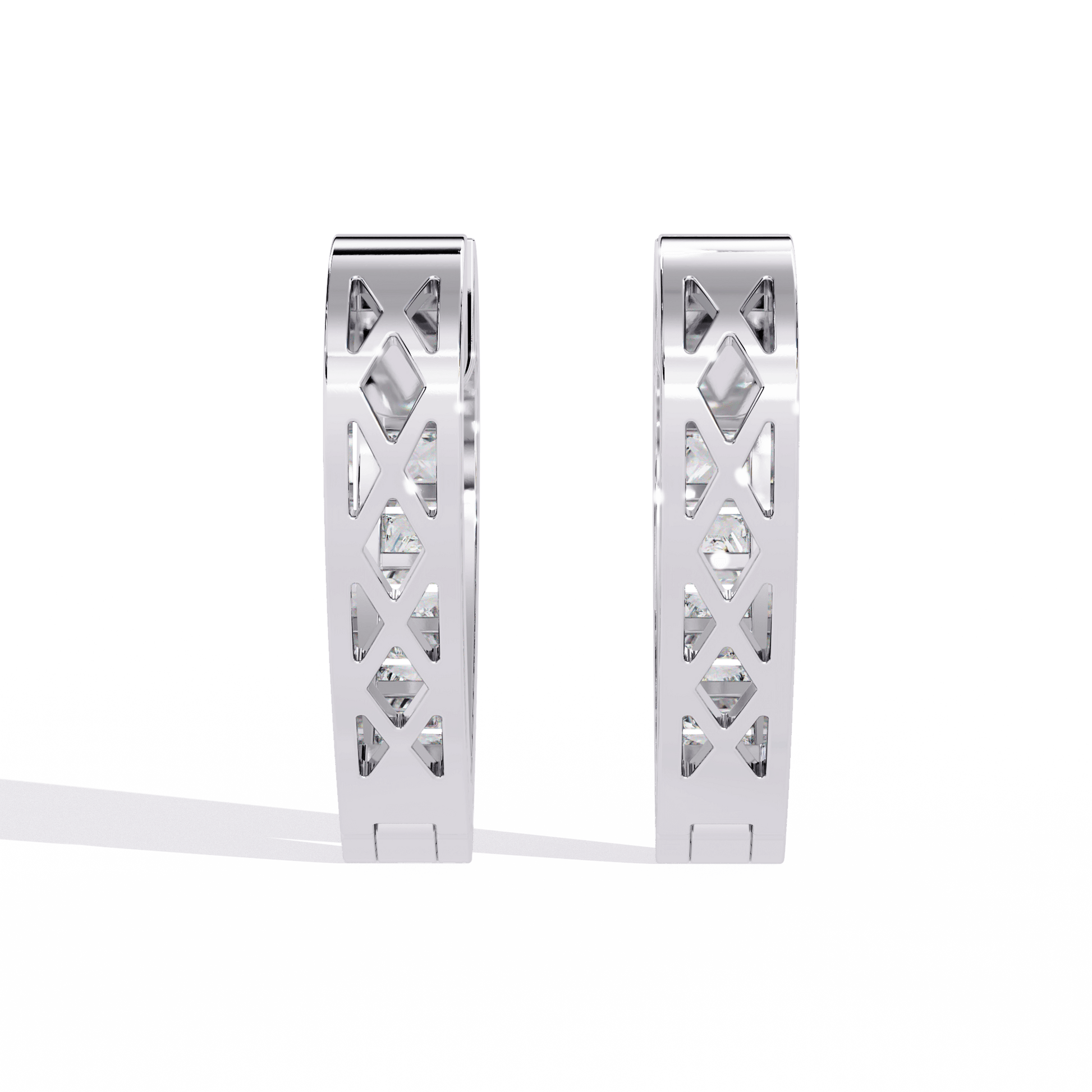 Princess-cut diamond hoop earrings in channel setting by Carat House Dubai, featuring elegant diamond-studded hoops.