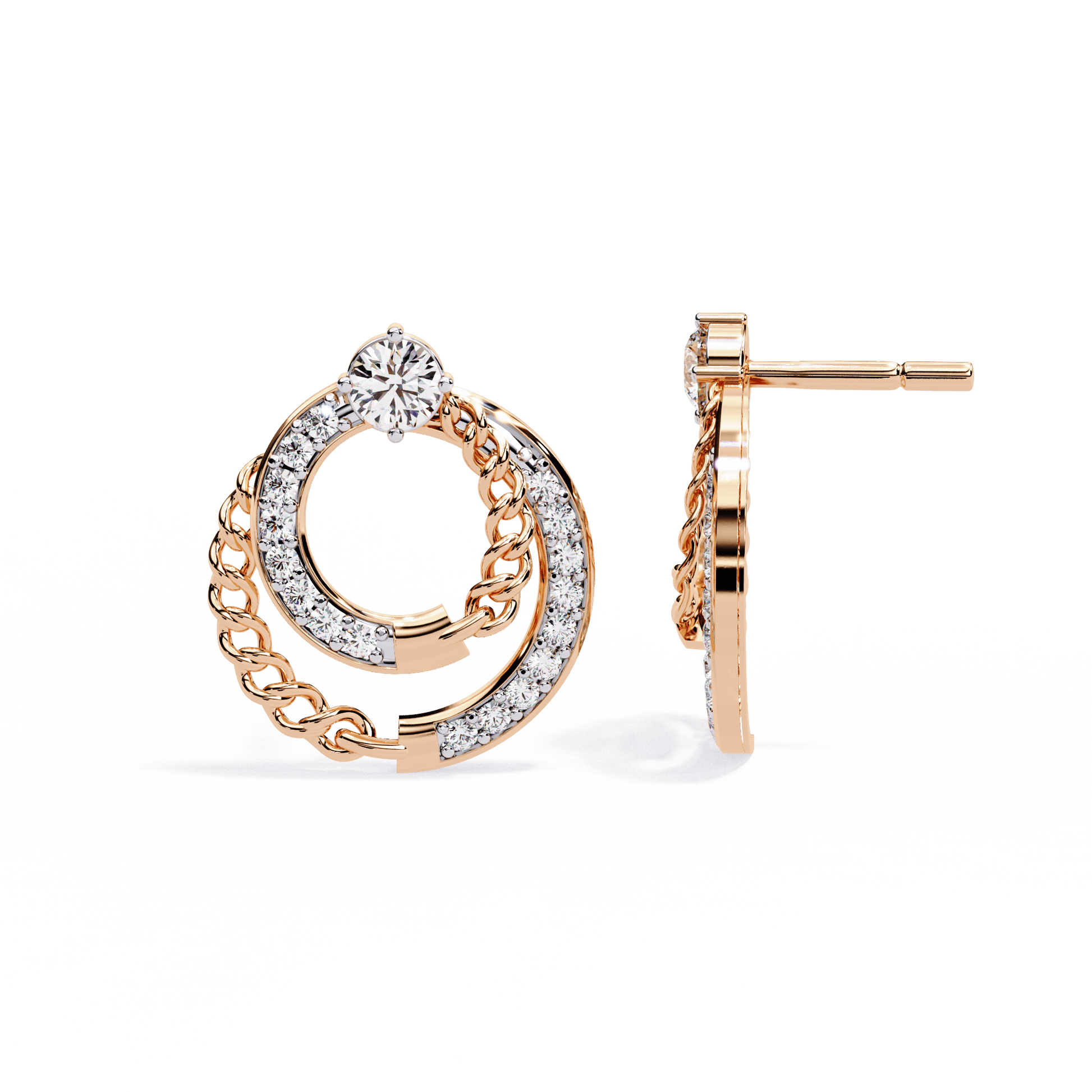 Carat House Dubai Claudia Cuban Link and Pavé Diamond Studs, close-up of gold earrings with sparkling diamonds and intricate link design