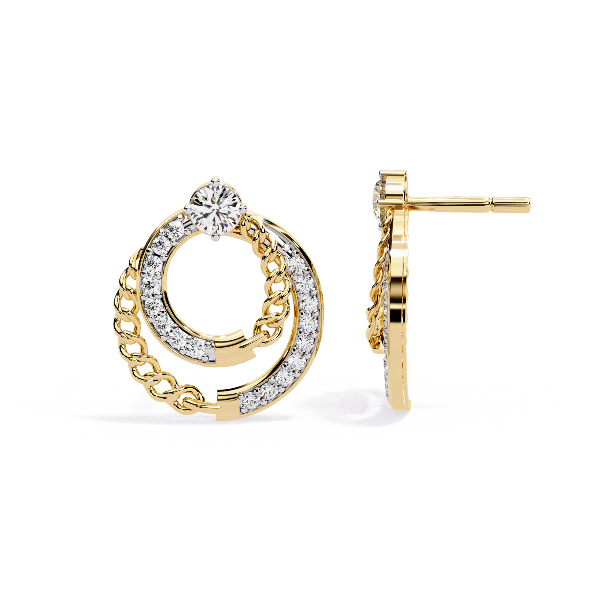 Carat House Dubai Claudia Cuban Link and Pavé Diamond Stud earrings featuring gold and sparkling diamonds on a white background.