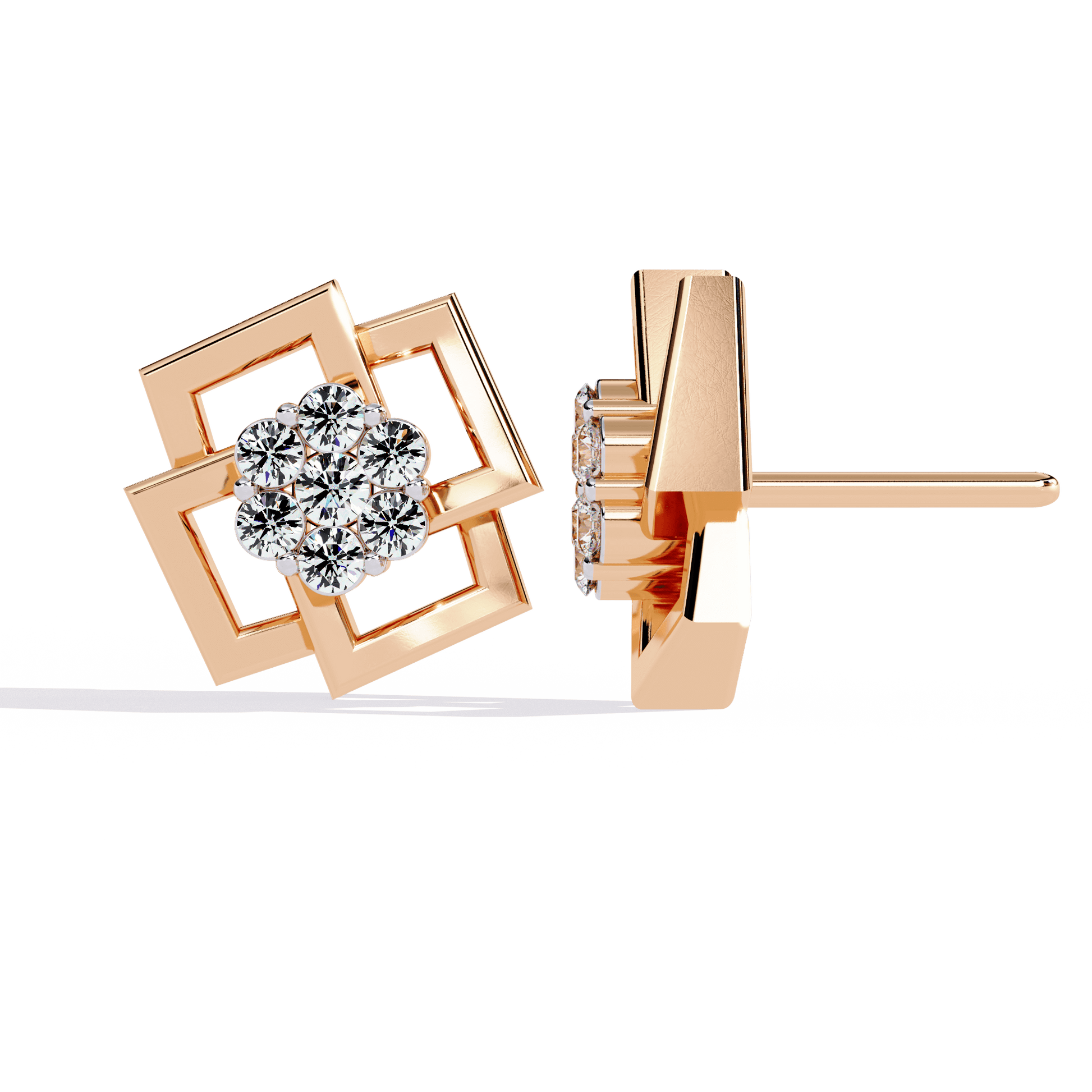 Carat House Dubai Crystal framed cluster diamond stud earrings featuring sparkling diamonds set in a sleek metal frame.