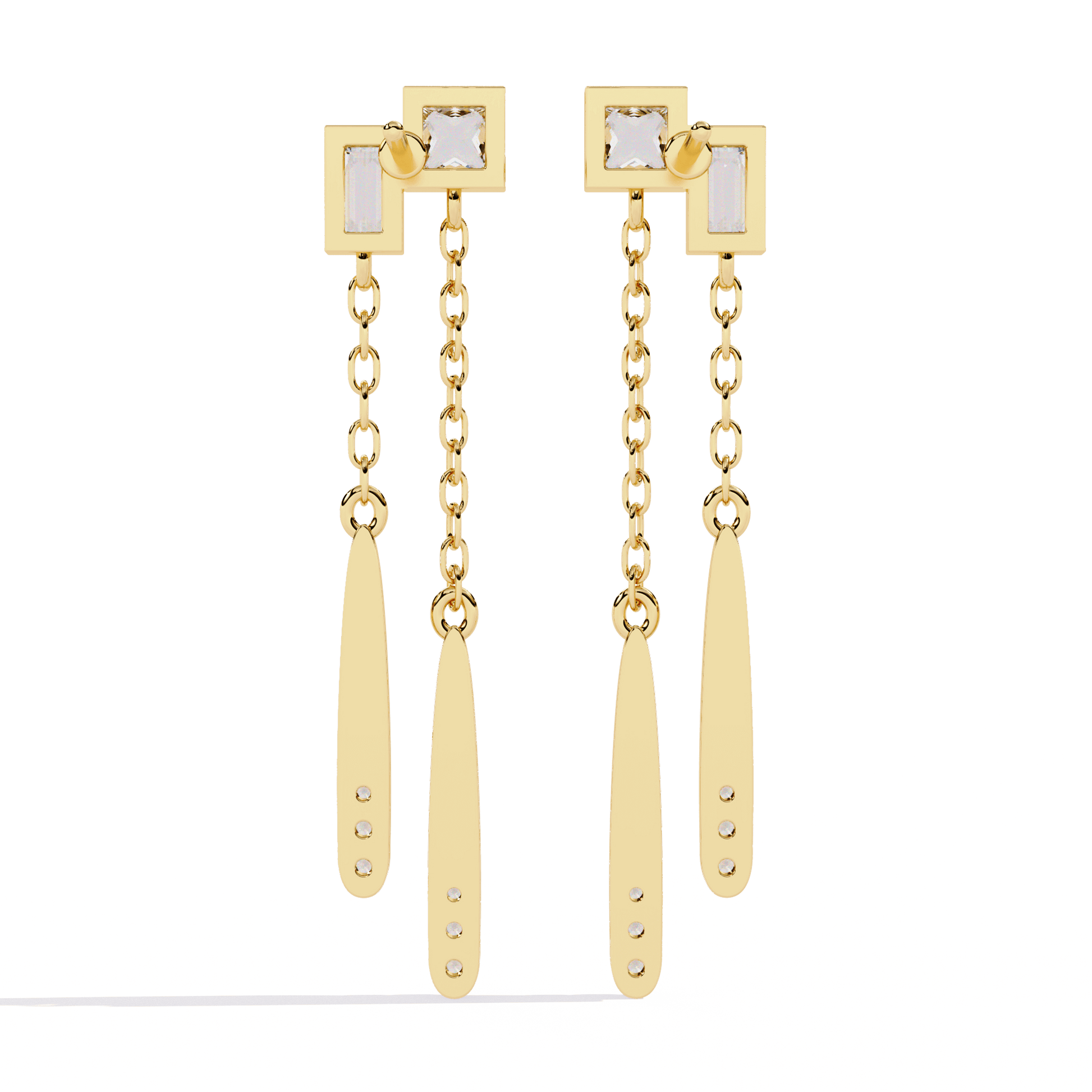 Ivana diamond earrings featuring dual-drop princess and baguette cuts with sparkling gemstones, crafted by Carat House Dubai.