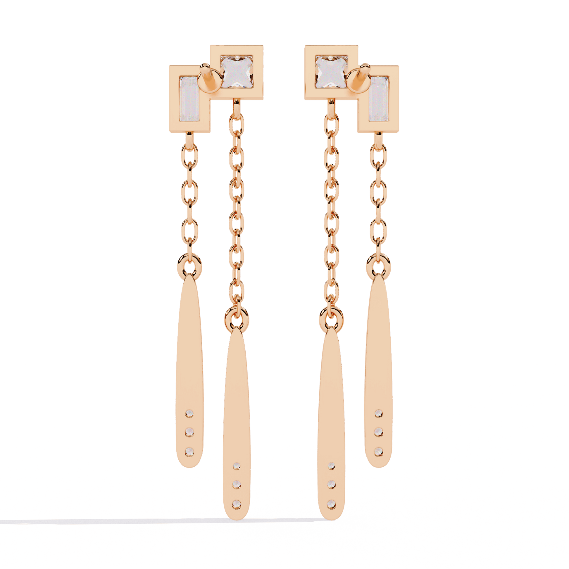 Ivana dual-drop diamond earrings featuring princess and baguette cut diamonds from Carat House Dubai, showcasing elegant jewelry design.