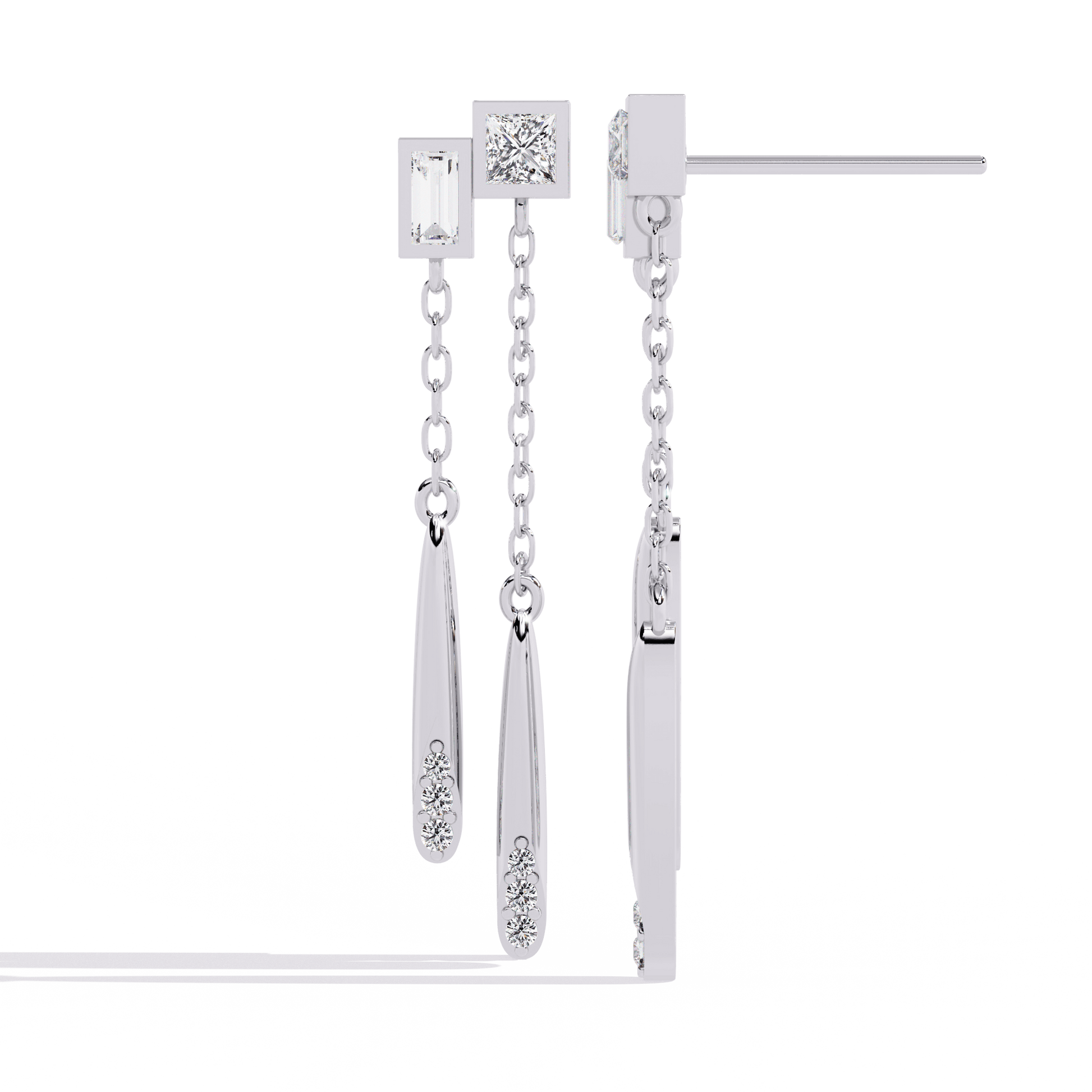 Ivana - Dual-Drop Princess and Baguette Diamond Earrings — diamond drop earrings — pave — lab grown diamond and natural diamond — 18k white gold — Carat House