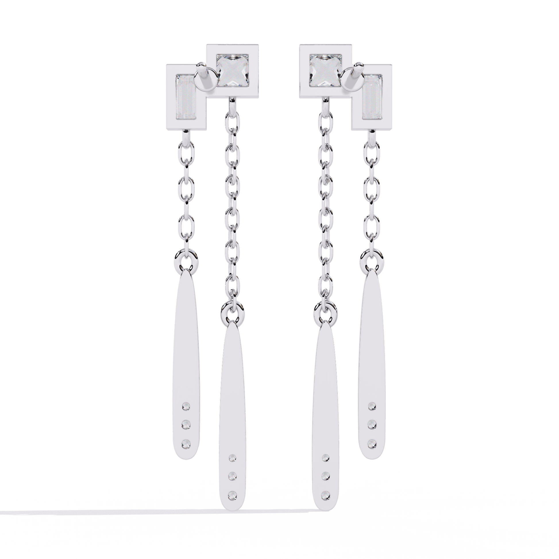 Ivana diamond earrings featuring dual-drop princess and baguette cut designs, crafted by Carat House Dubai.