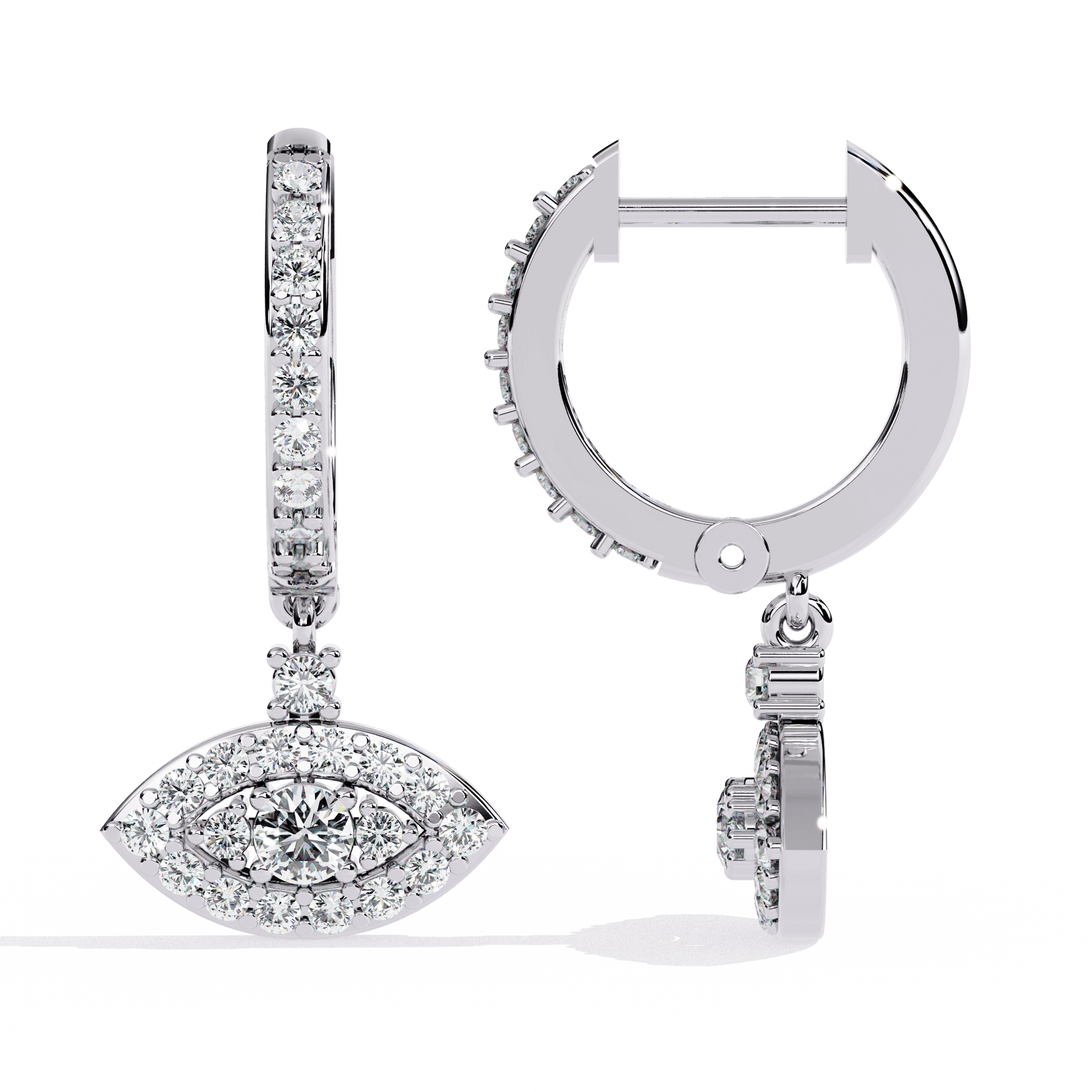 Zinovia – Diamond Eye Drop Earrings with Pavé Hoop — diamond hoop earrings — pave — lab grown diamond and natural diamond — 18k white gold and platinum — Carat House