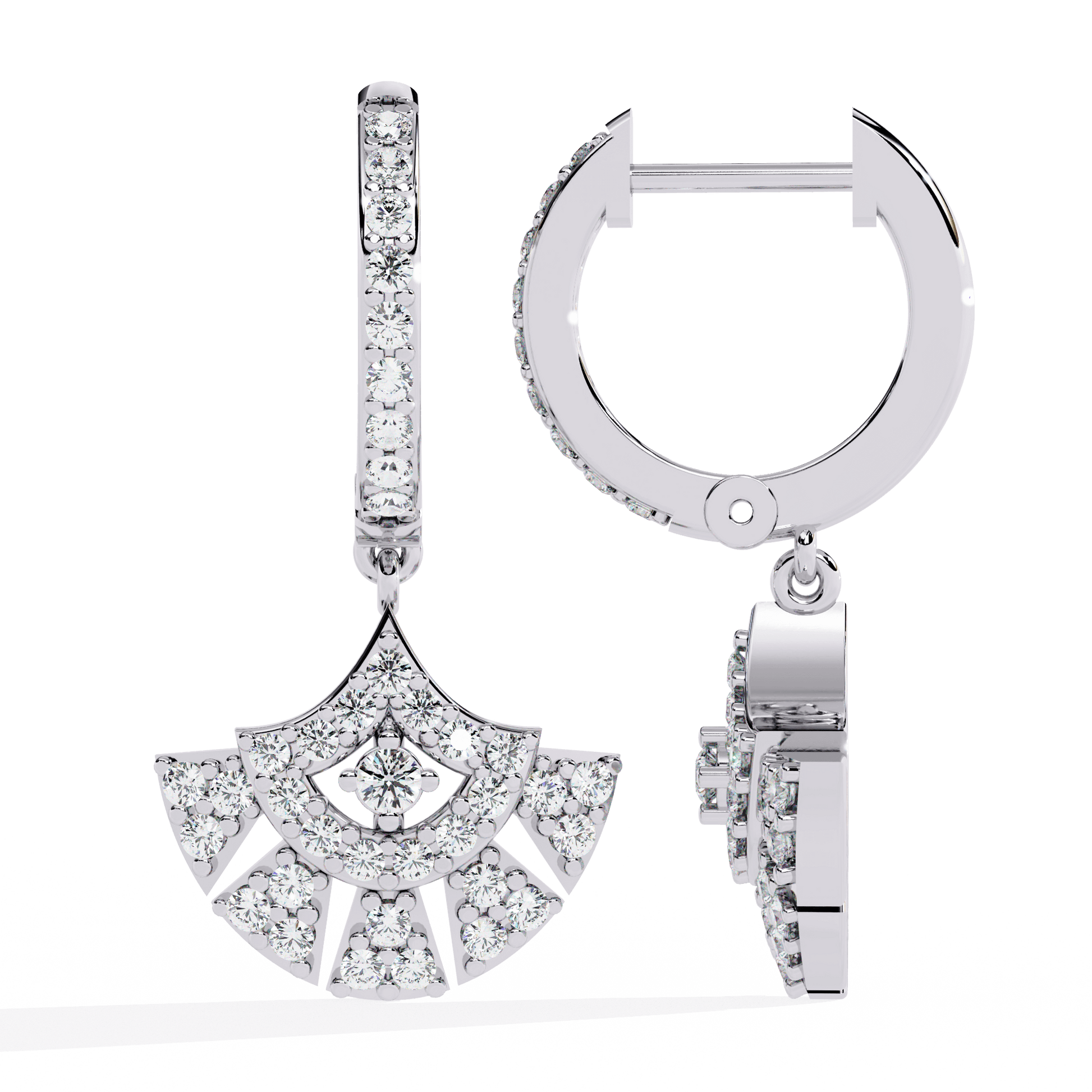 Katya– Diamond Fan Drop Earrings with Pavé Hoops — diamond hoop earrings — pave — lab grown diamond and natural diamond — 18k white gold and platinum — Carat House