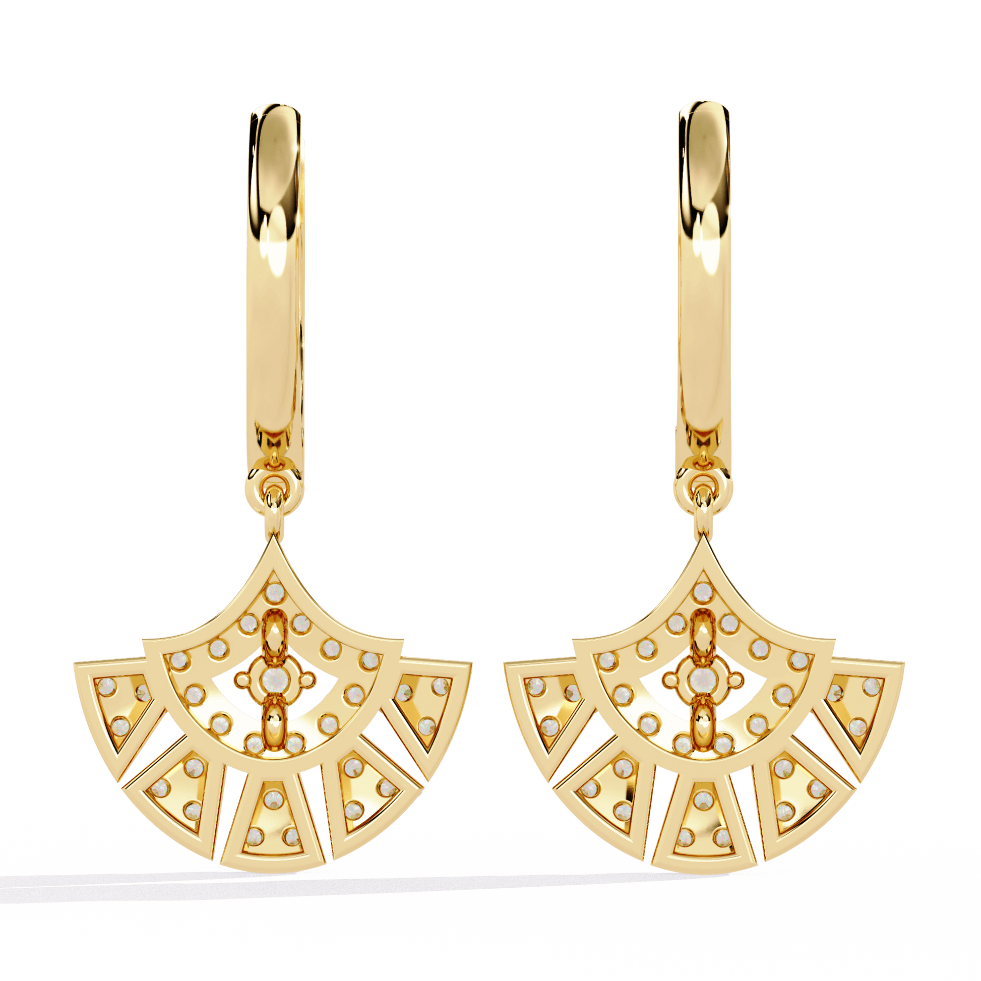 Diamond fan drop earrings with pavé hoops from Carat House Dubai, featuring sparkling diamond details and elegant design.