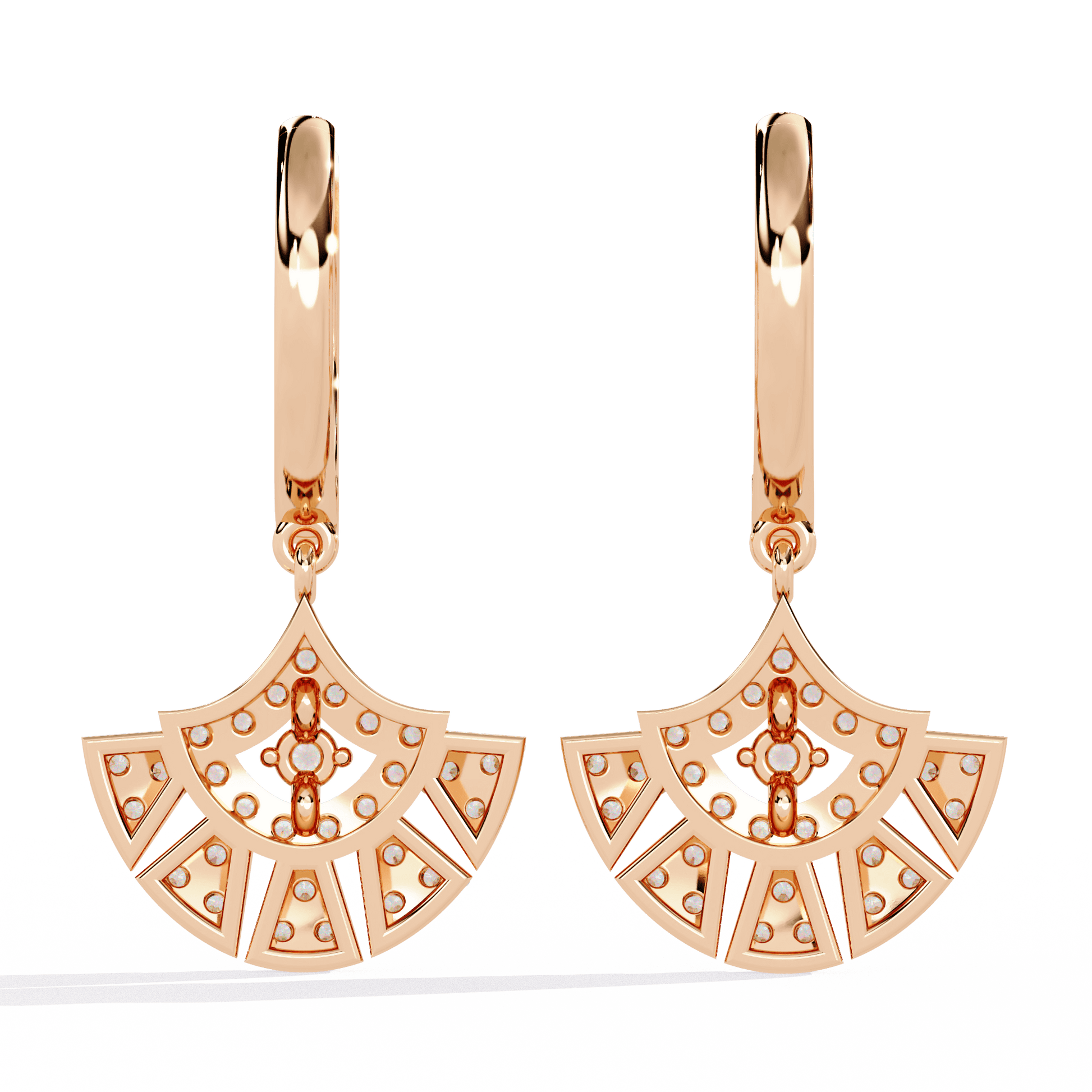 Diamond fan drop earrings with pavé hoops from Carat House Dubai, featuring sparkling diamond accents in a stylish design.