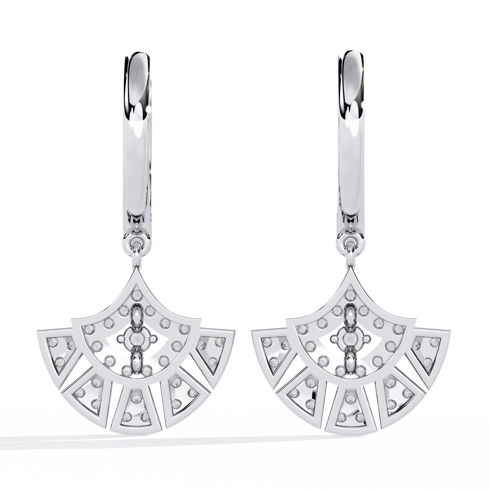 Diamond fan drop earrings with pavé hoops from Carat House Dubai, featuring sparkling diamond details and elegant design.