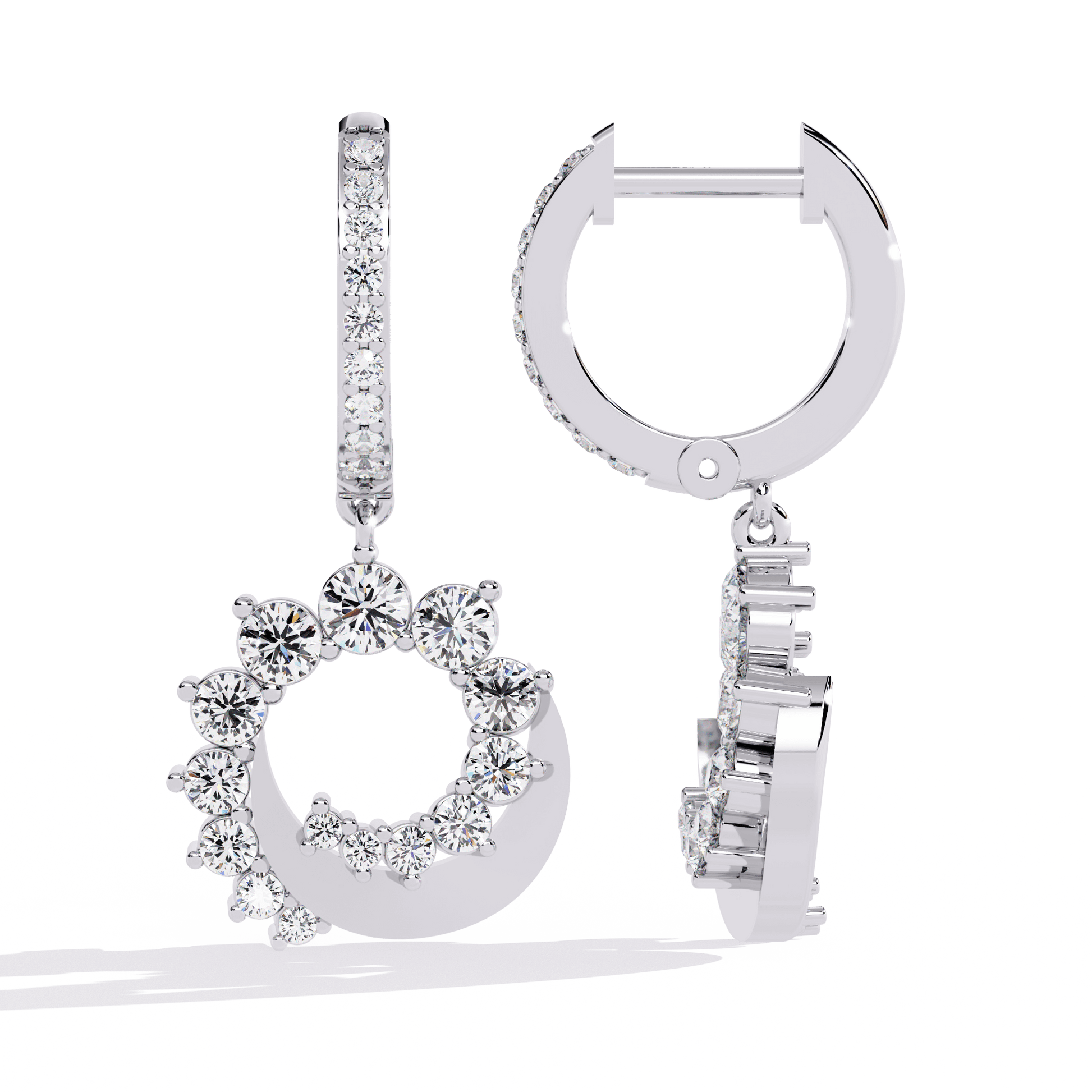 Kiara – Diamond Crescent Circle Drop Earrings — diamond hoop earrings — pave — lab grown diamond and natural diamond — 18k white gold and platinum — Carat House