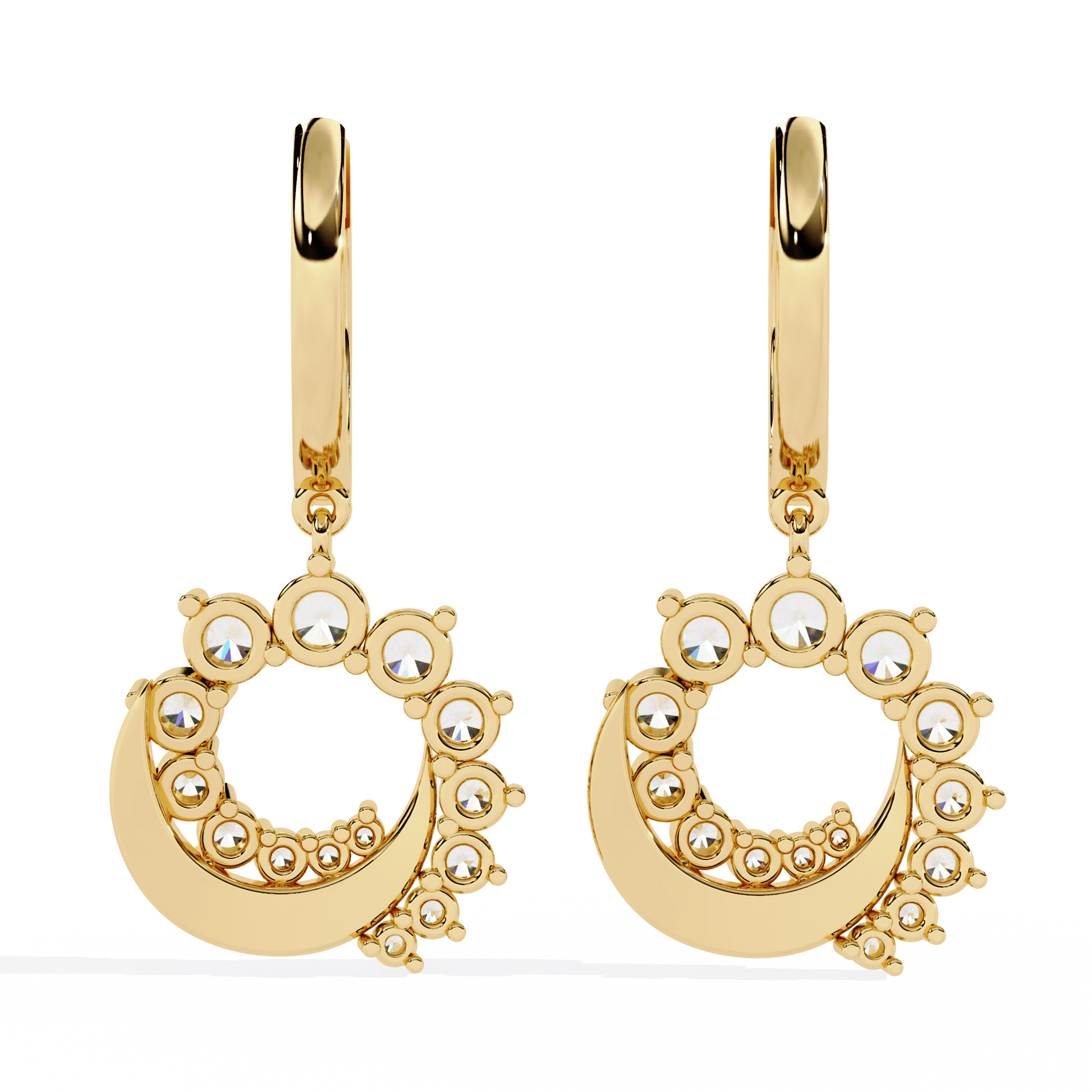 Elegant diamond crescent circle drop earrings by Carat House Dubai featuring sparkling diamonds and a sleek, modern design.