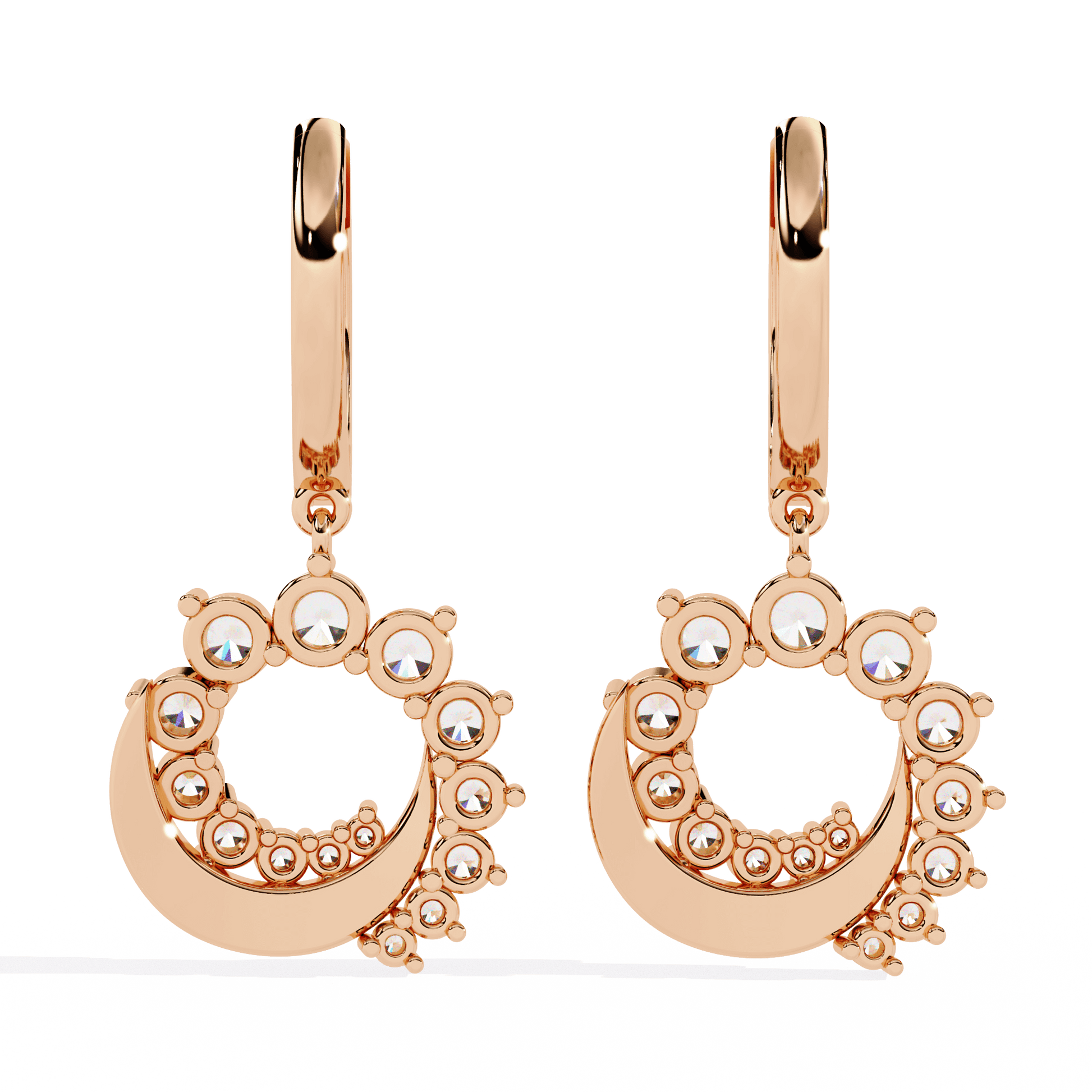 Kiara Diamond Crescent Circle Drop Earrings by Carat House Dubai, featuring sparkling diamond accents and elegant drop design.