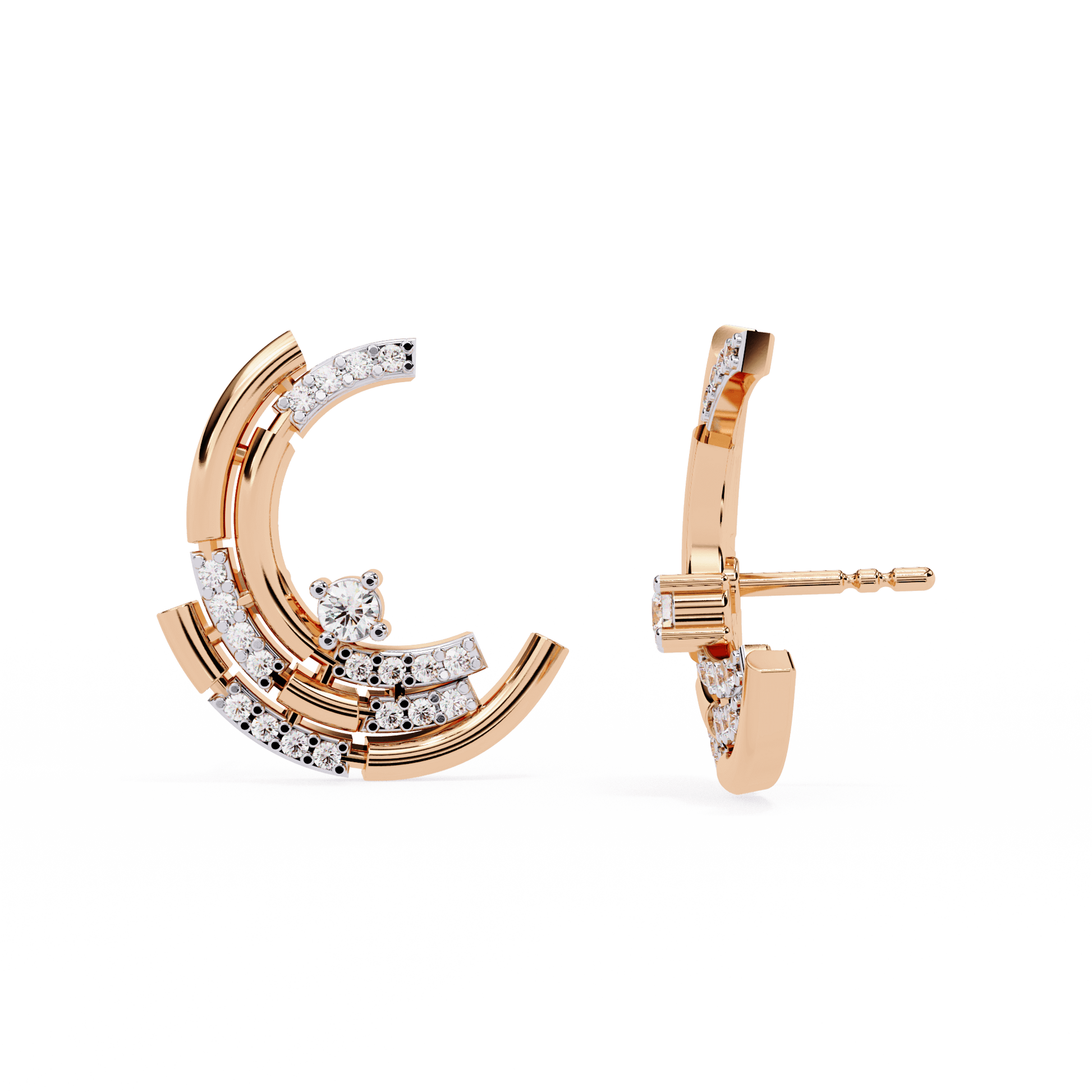 Lyla triple arc pavé stud earrings by Carat House Dubai featuring sparkling gemstones and a sleek gold setting.