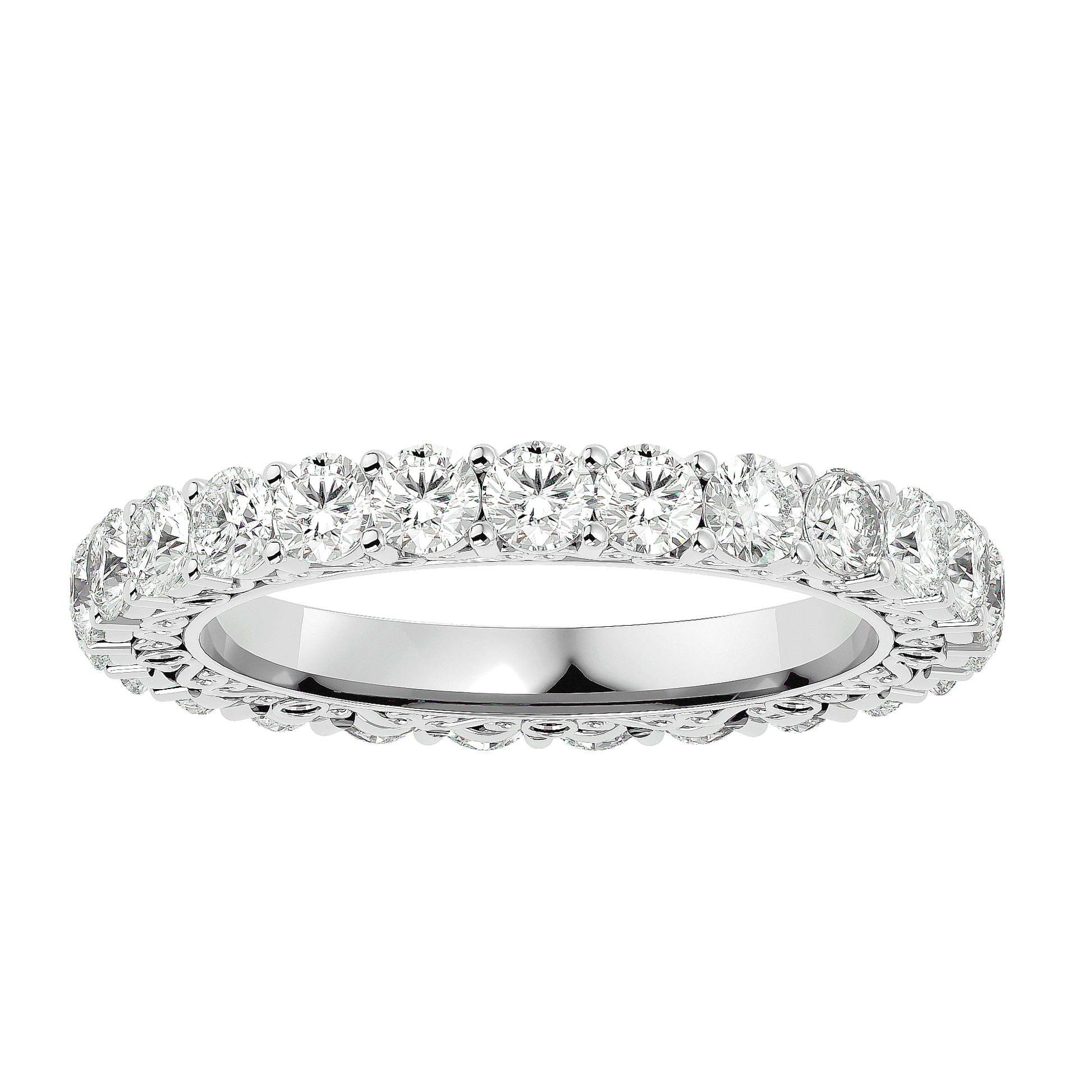 Clara – The Vintage Filigree Eternity Band — women's diamond wedding ring — filigree, shared prong — lab grown diamond and natural diamond — 18k white gold and platinum — Carat House