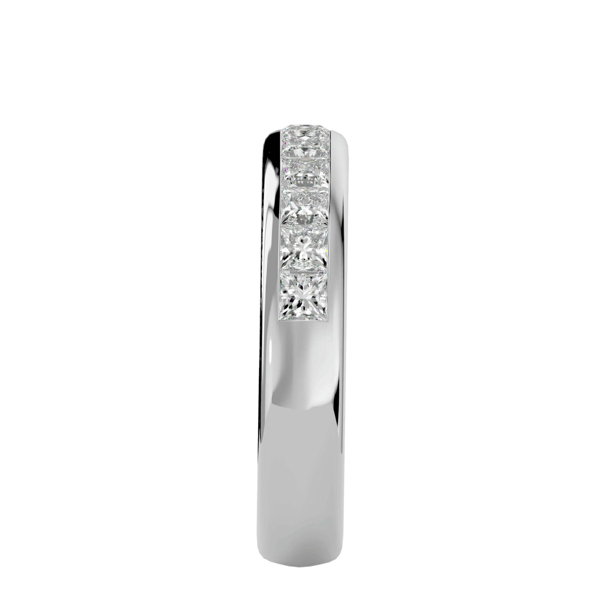 Carat House Dubai Juno princess-cut half-eternity channel set band with sparkling diamonds and platinum finish.