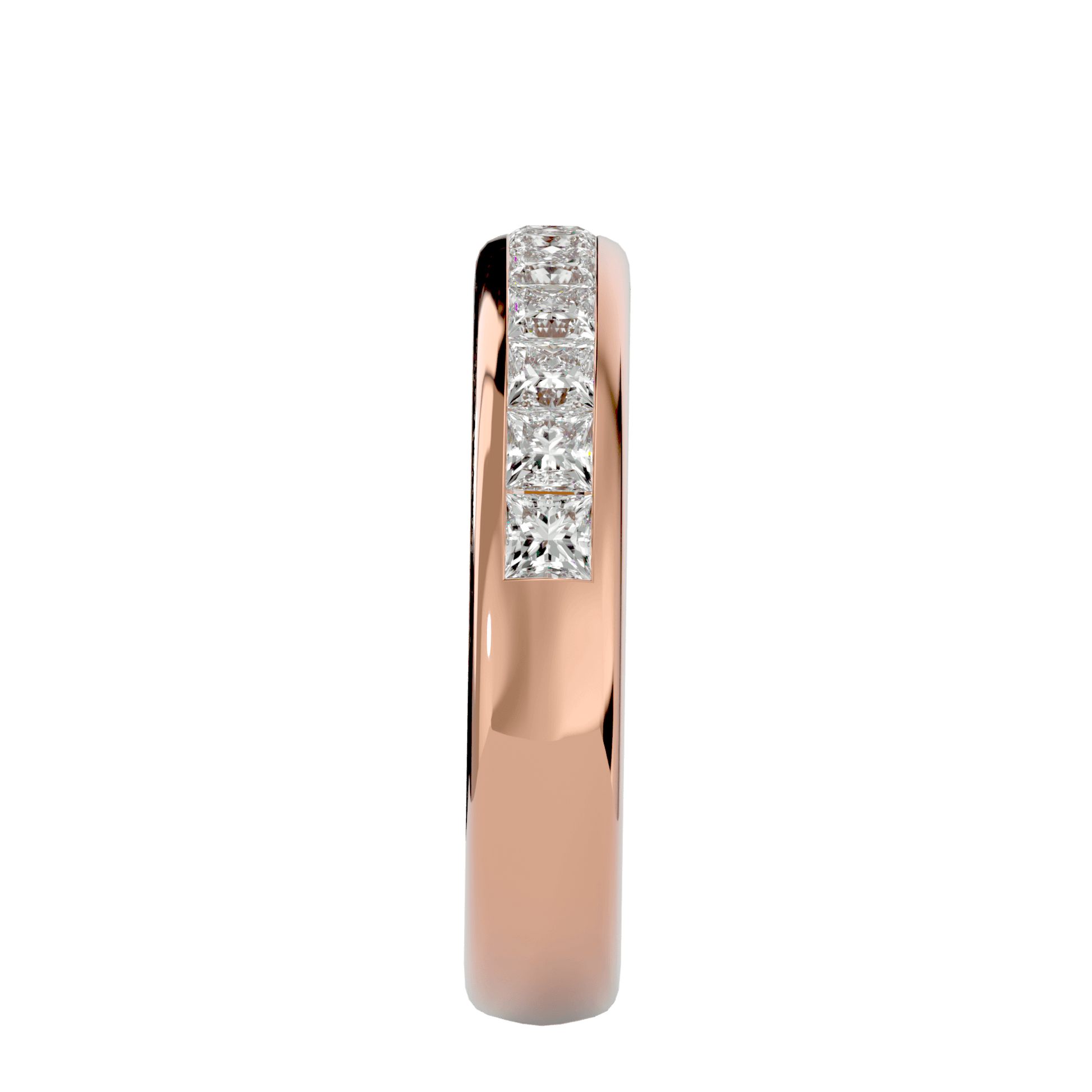 Carat House Dubai Juno princess-cut half-eternity channel set band with sparkling diamonds and platinum finish displayed.