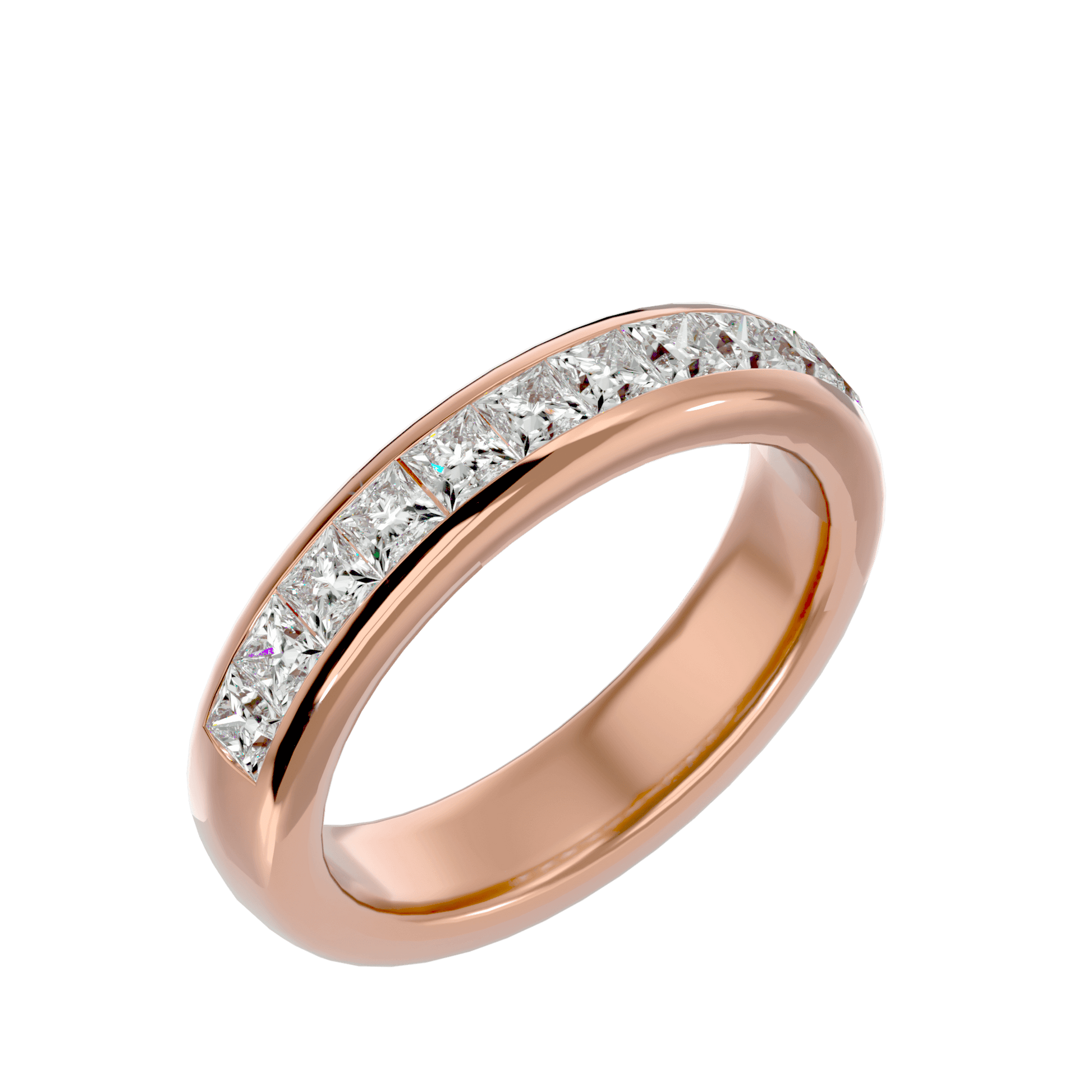 Princess-cut half-eternity channel set diamond band by Carat House Dubai showcasing sparkling diamonds in a sleek gold setting.