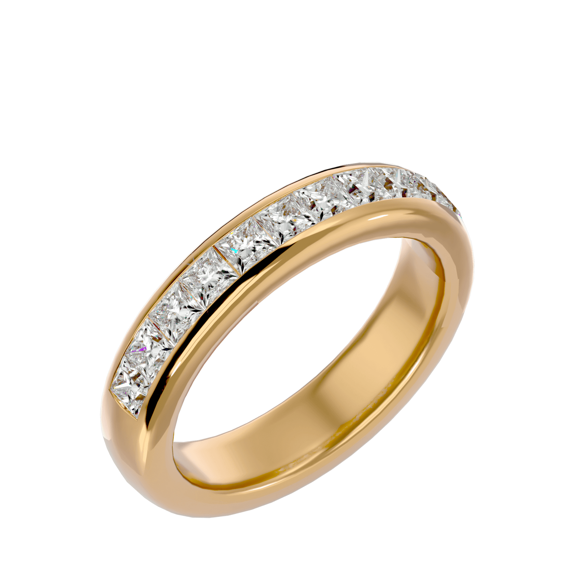 Princess-cut half-eternity channel set diamond band by Carat House Dubai featuring sparkling diamonds in a sleek, elegant design