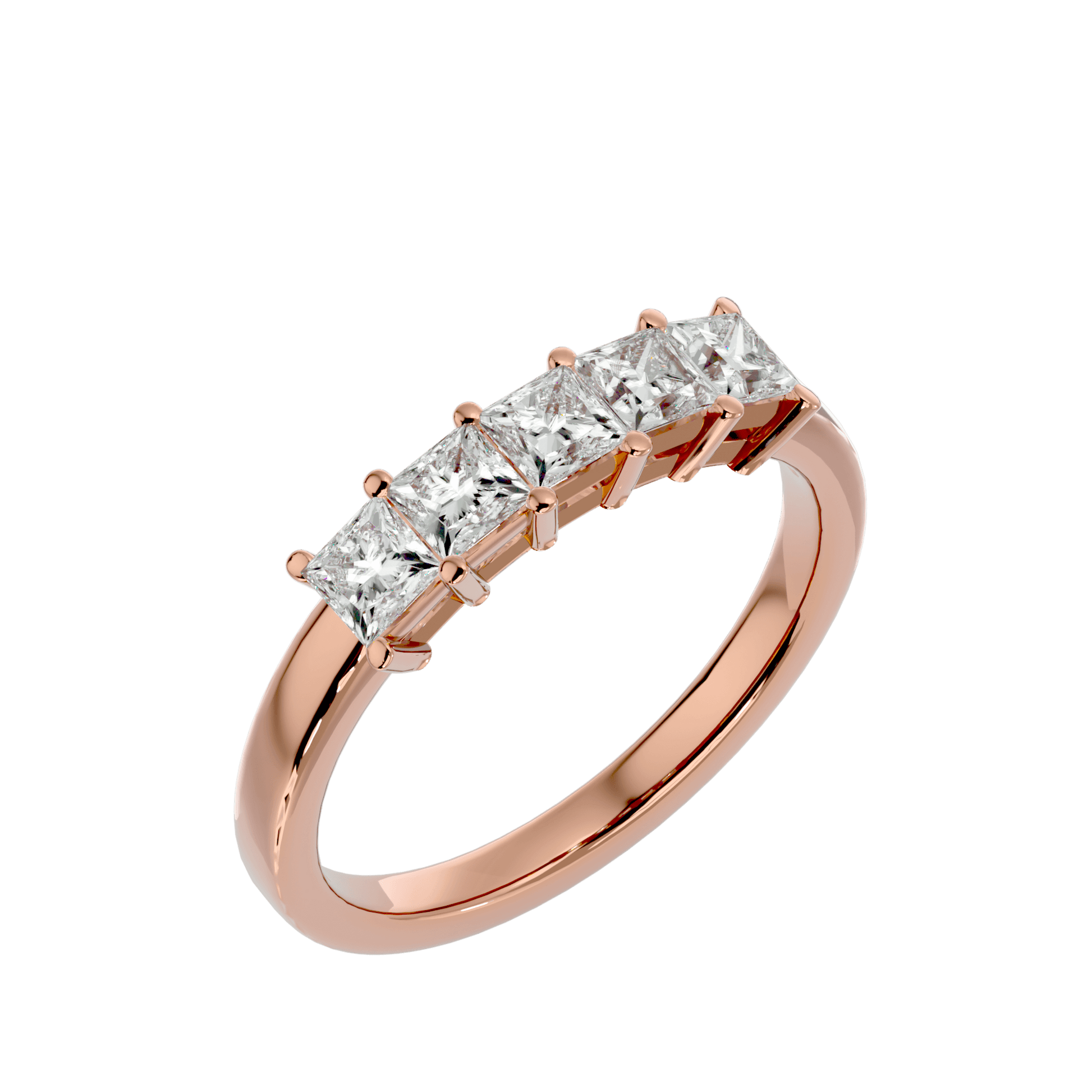 Fiorella five-stone princess cut diamond ring in a basket setting by Carat House Dubai, showcasing sparkling stones and elegant design.