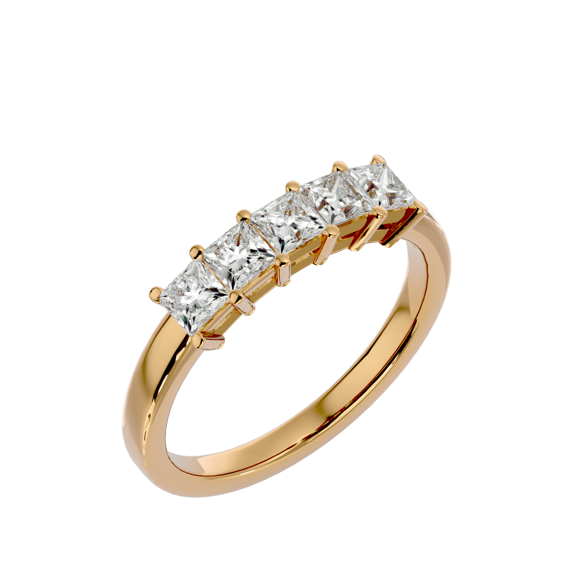 Fiorella five-stone princess cut diamond ring in a basket setting by Carat House Dubai, showcasing sparkling gemstones and elegant design.