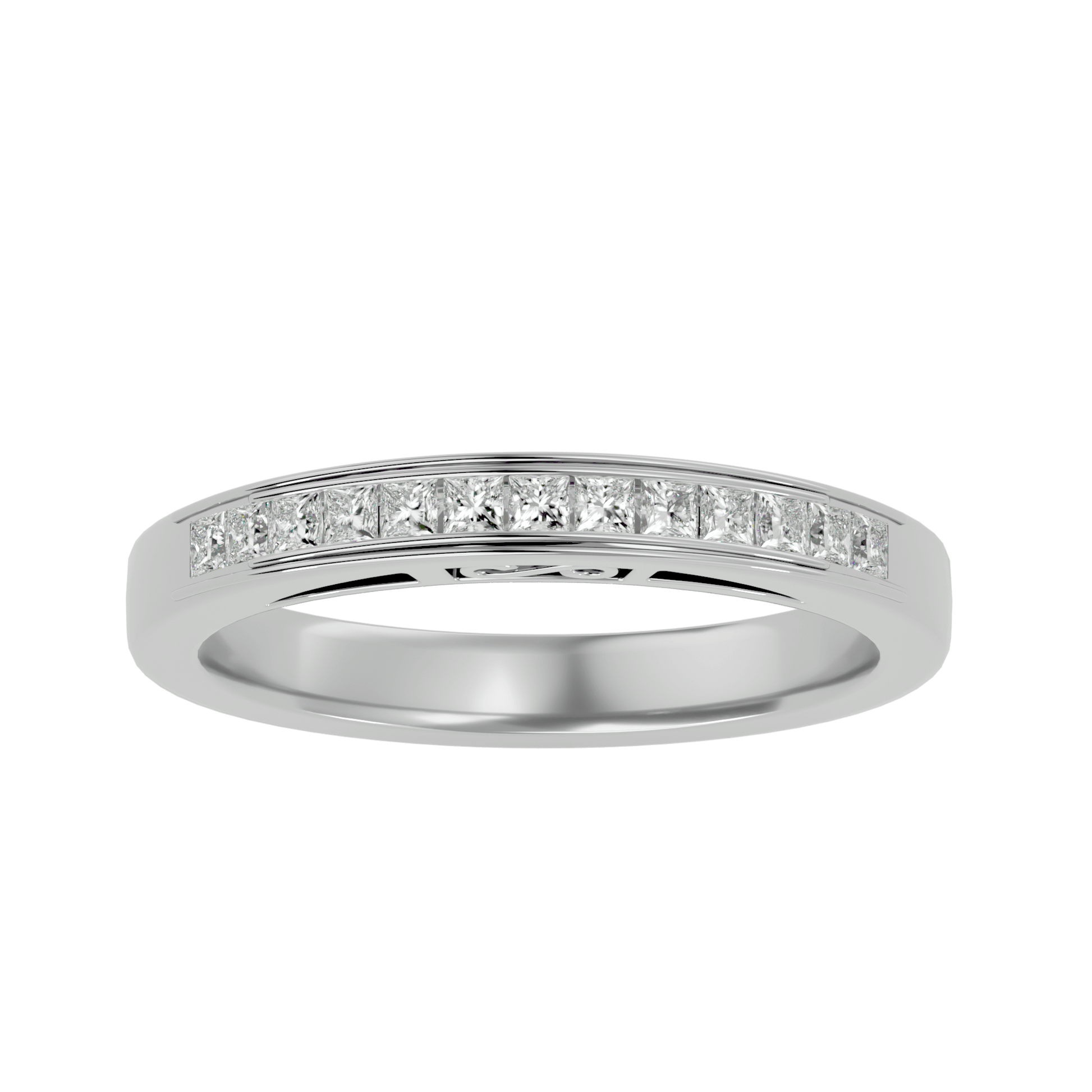 Elisa – 1/3 Channel-Set Princess Band with Filigree Detailing — women's diamond wedding ring — channel set, filigree — lab grown diamond and natural diamond — 18k white gold and platinum — Carat House